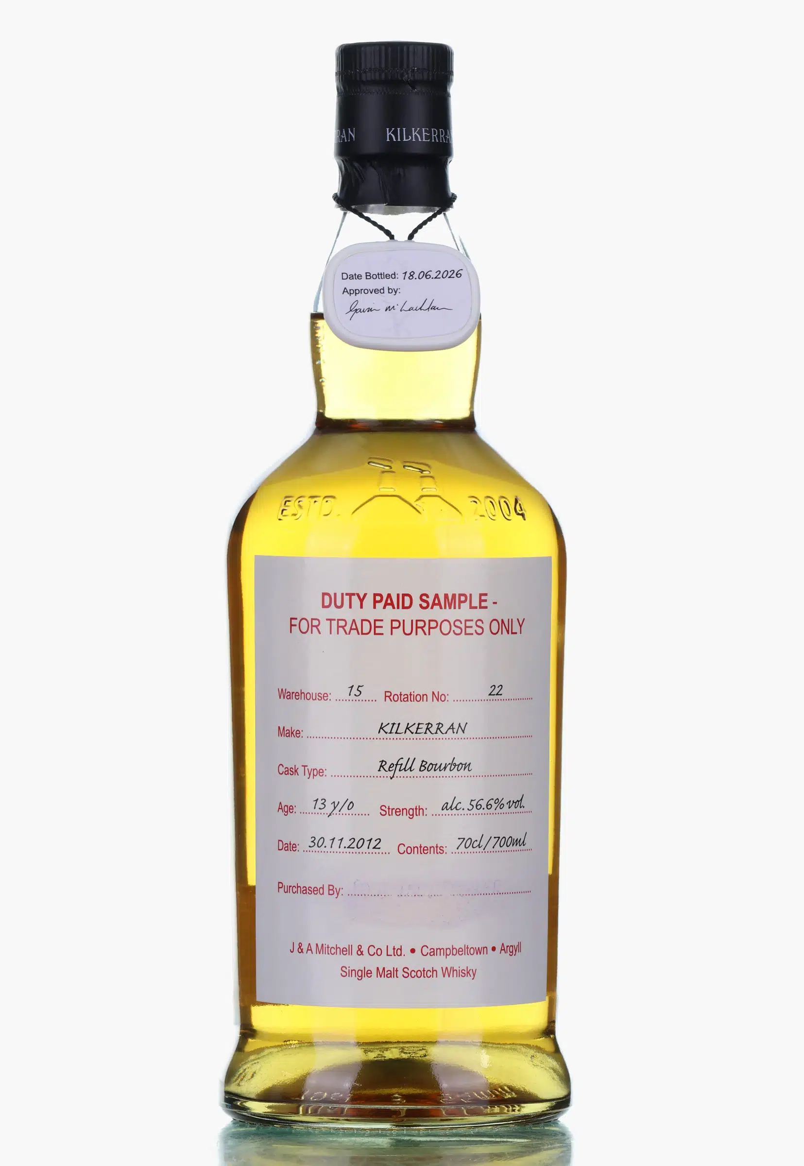 Kilkerran 13 Year Old, Refill Bourbon Cask, 2012, 56.6% whisky bottle