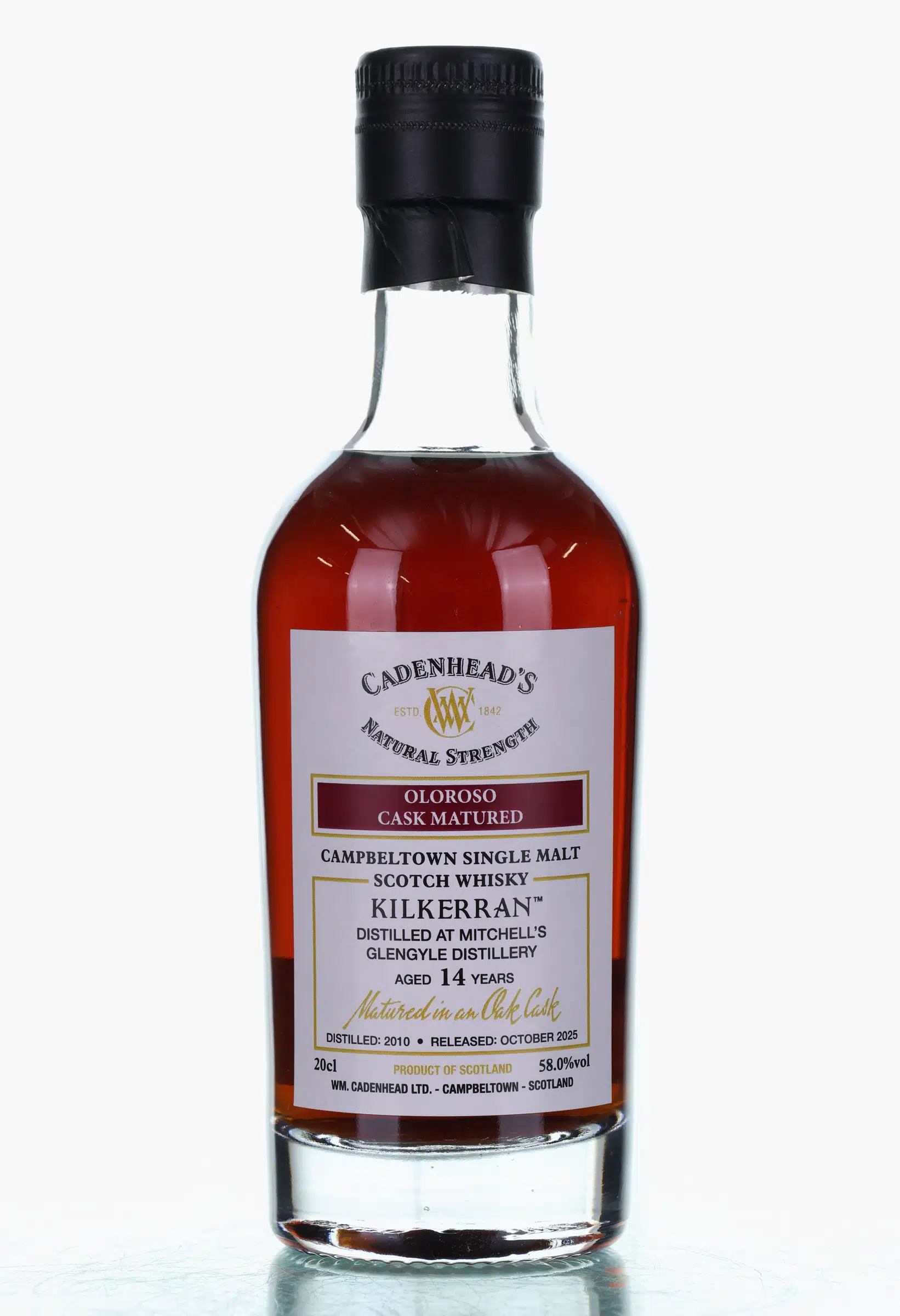 Kilkerran Natural Strength 14 Year Old, Oloroso Hogshead Cask, 2010, Cadenhead's, 58% whisky bottle