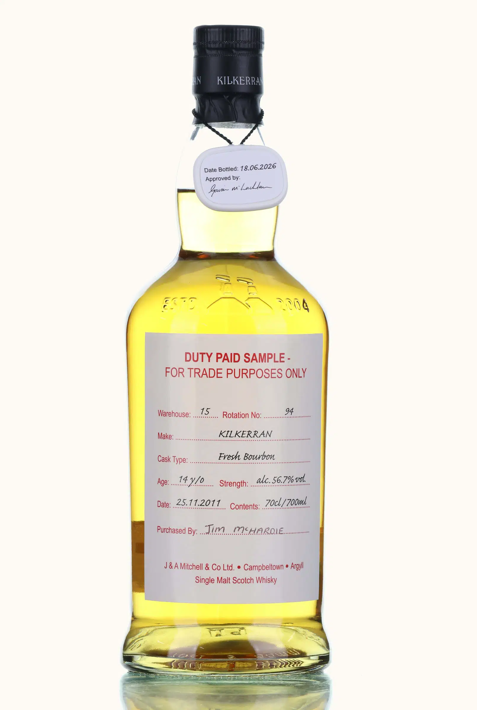 Kilkerran Duty Paid Sample 14 Year Old, Bourbon Cask, Rotation 94, 2026, 56.7% whisky bottle