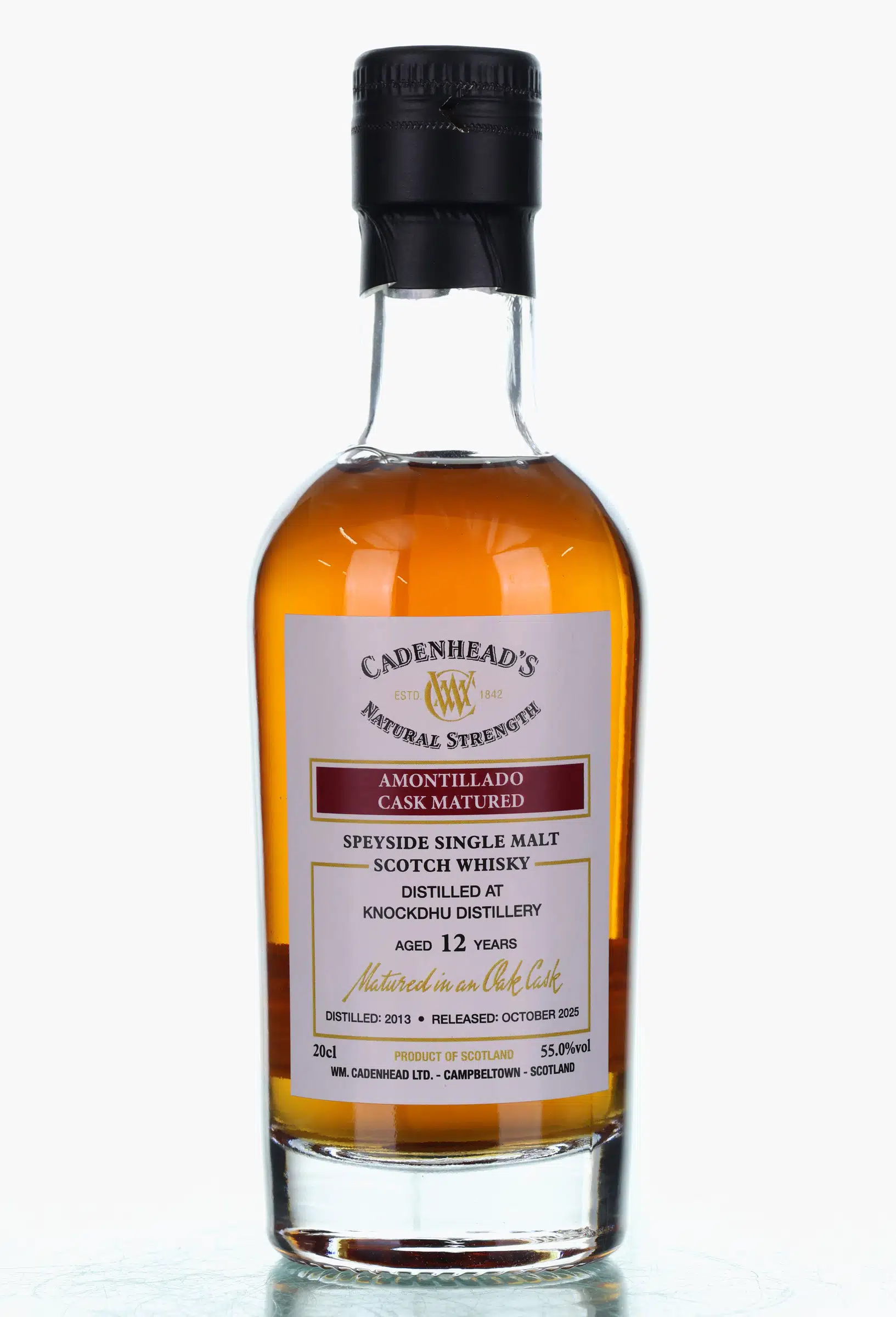 Knockdhu Natural Strength 12 Year Old, Amontillado Hogshead Cask, 2013, Cadenhead's, 55% whisky bottle
