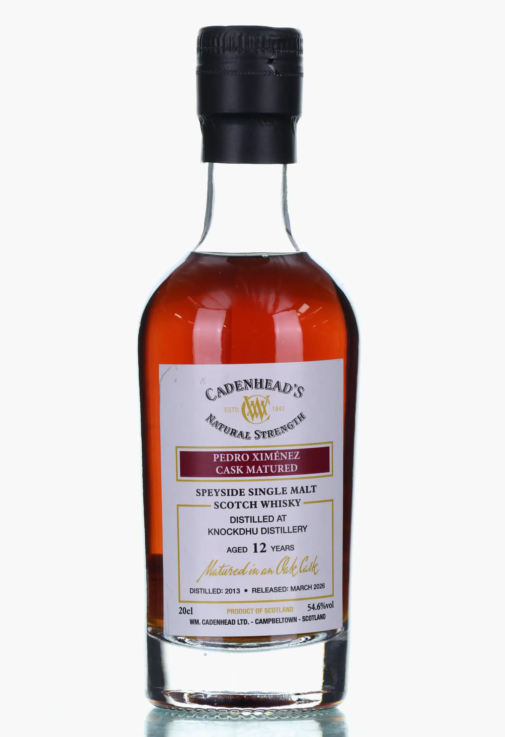 Knockdhu 12 Year Old, Pedro Ximénez Sherry Cask, 2013, Cadenhead's, 54.6% whisky bottle
