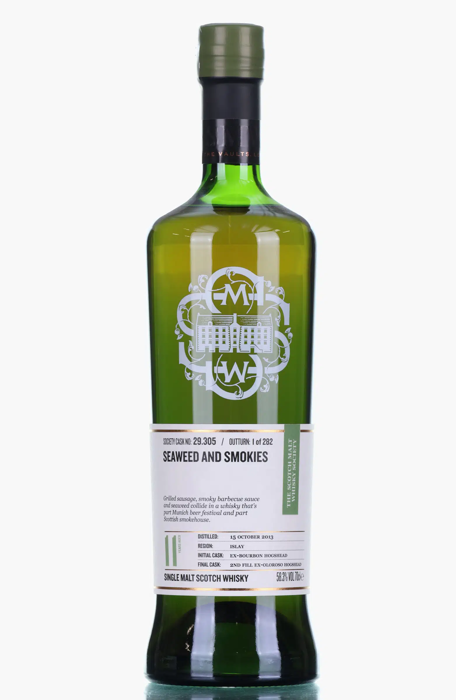 Laphroaig Seaweed & Smokies 11 Year Old, Bourbon & Oloroso Sherry Cask, Cask #305, 2013, Scotch Malt Whisky Society, 58.3% whisky bottle