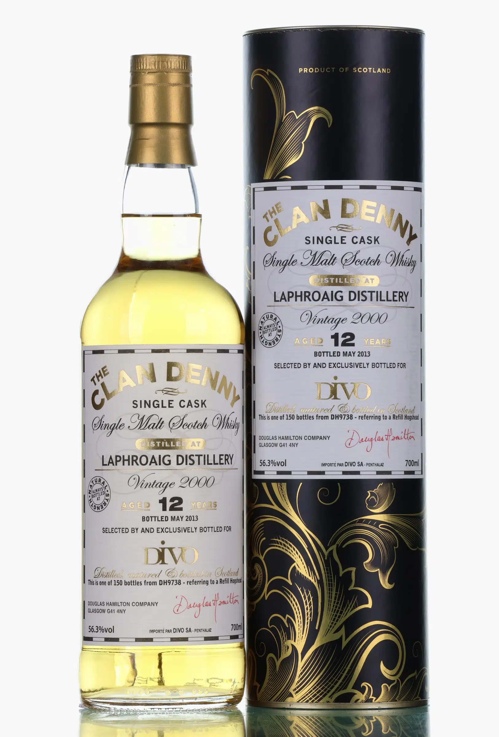 Laphroaig The Clan Denny Divo Exclusive 12 Year Old, Refill Hogshead Cask, Cask #DH9738, 2000, Douglas Hamilton, 56.3% whisky bottle