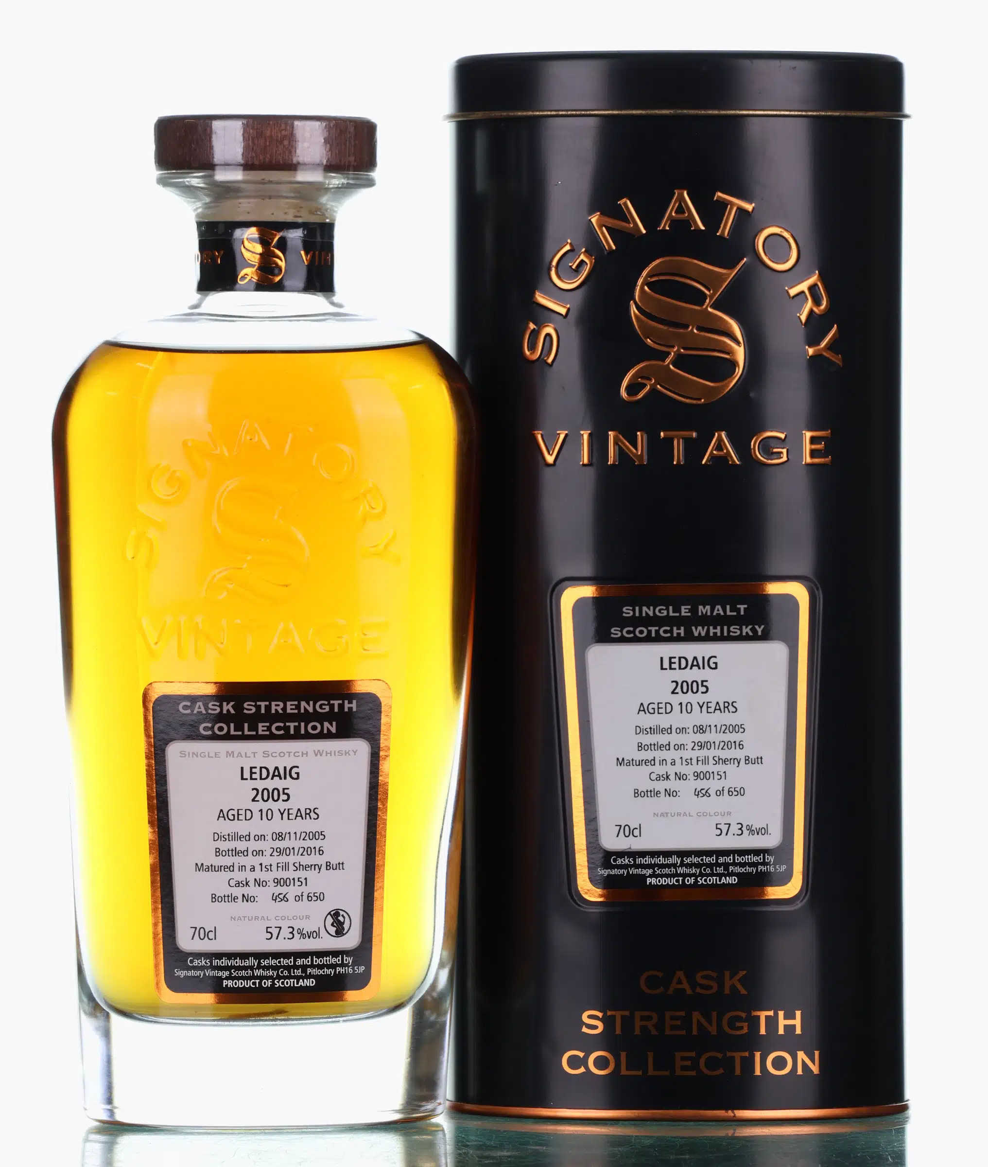 Ledaig Cask Strength Collection 10 Year Old, Sherry Cask, Cask #900151, 2005, Signatory Vintage, 57.3% whisky bottle