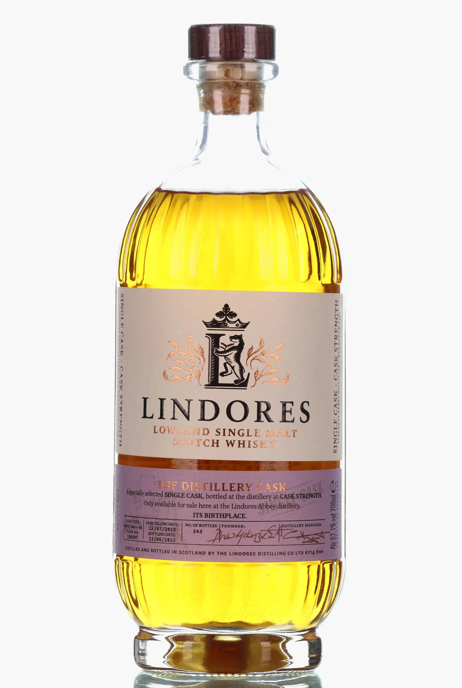Lindores The Distillery Cask 3 Year Old, Sherry Hogshead Cask, Cask #180507, 2022, 62.1% whisky bottle
