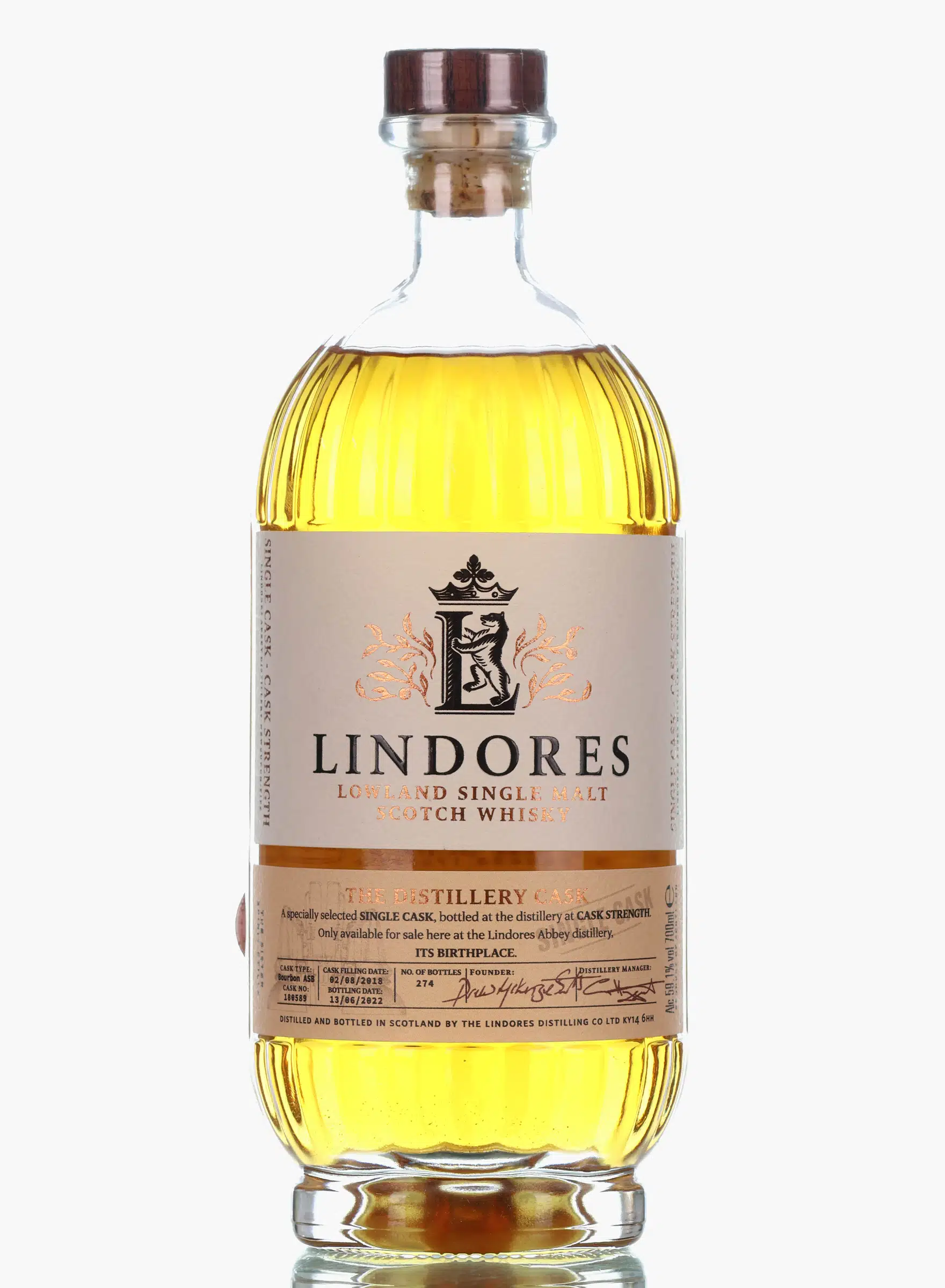 Lindores Abbey The Distillery Cask 3 Year Old, First Fill Bourbon ASB Cask, Cask #180589, 2022, 59.1% whisky bottle