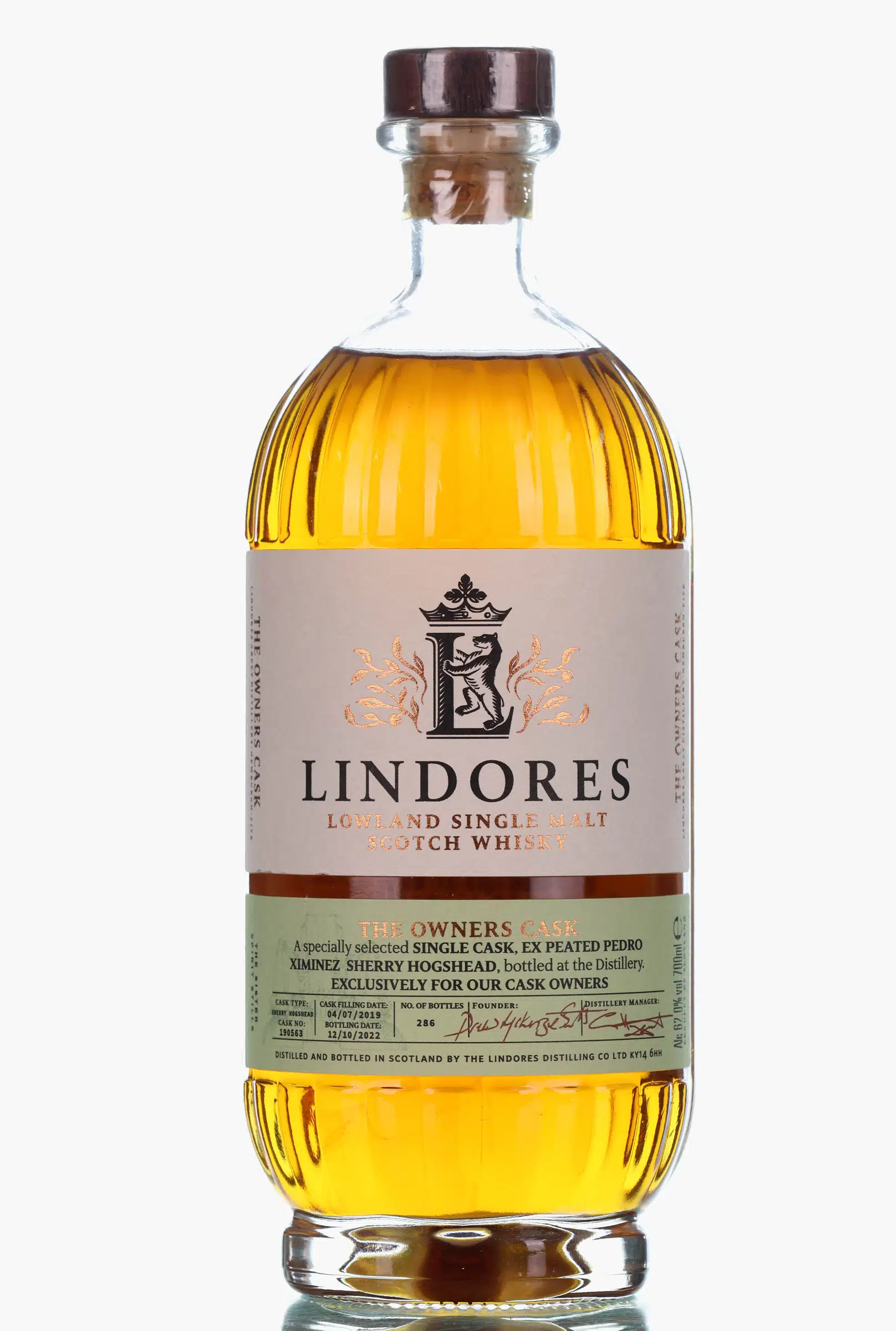Lindores Abbey The Owners Cask 3 Year Old, Sherry Hogshead Cask, Cask #190563, 2022, 62% whisky bottle