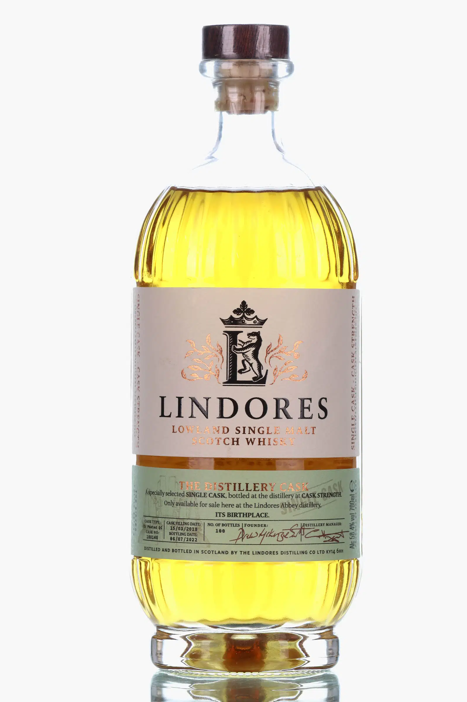 Lindores Abbey The Distillery Cask 4 Year Old, Peated Quarter Cask, Cask #180140, 2022, 58.4% whisky bottle