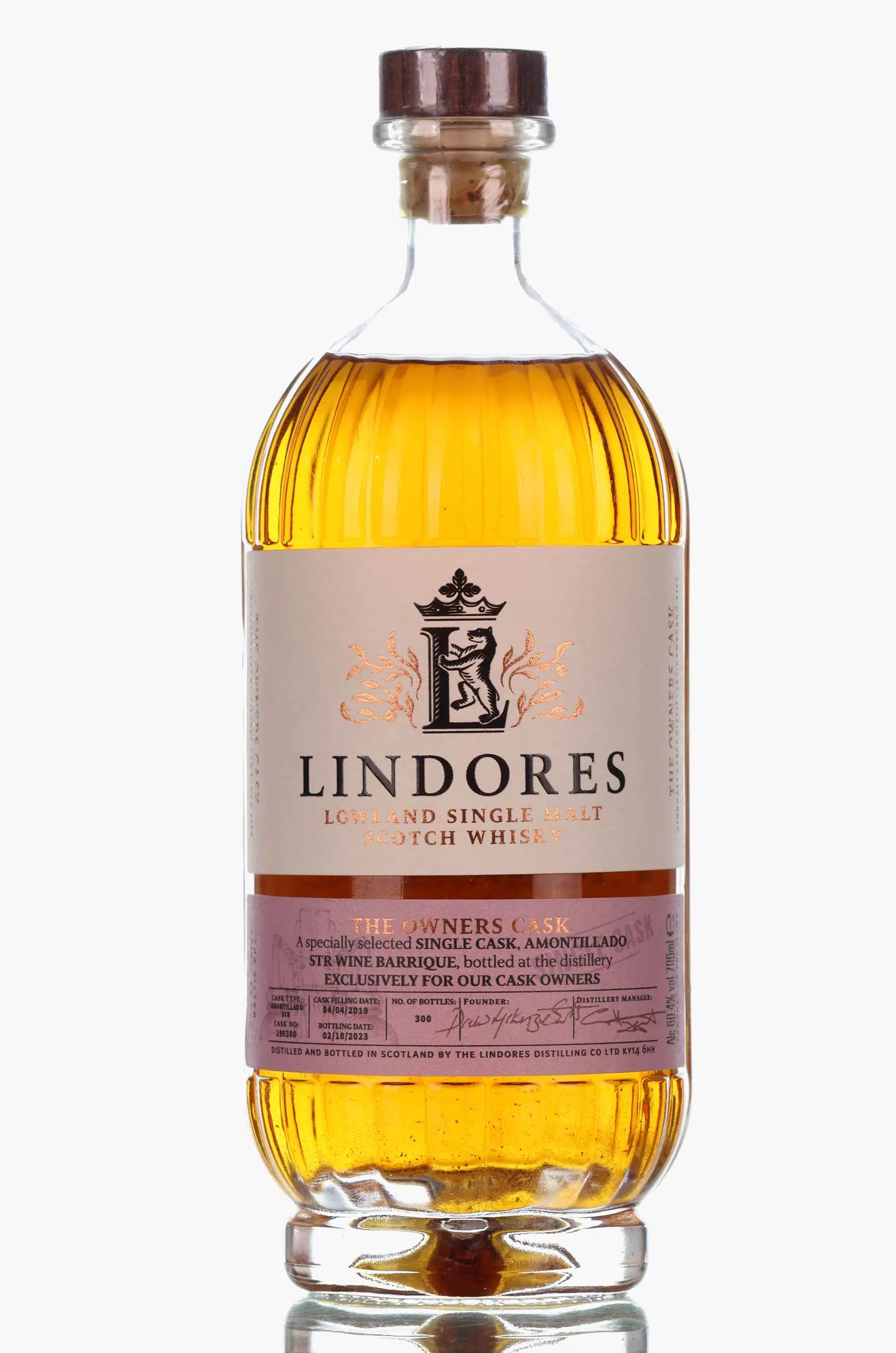 Lindores Abbey The Owners Cask 4 Year Old, STR Amontillado Sherry Cask, Cask #190300, 2023, 60.4% whisky bottle