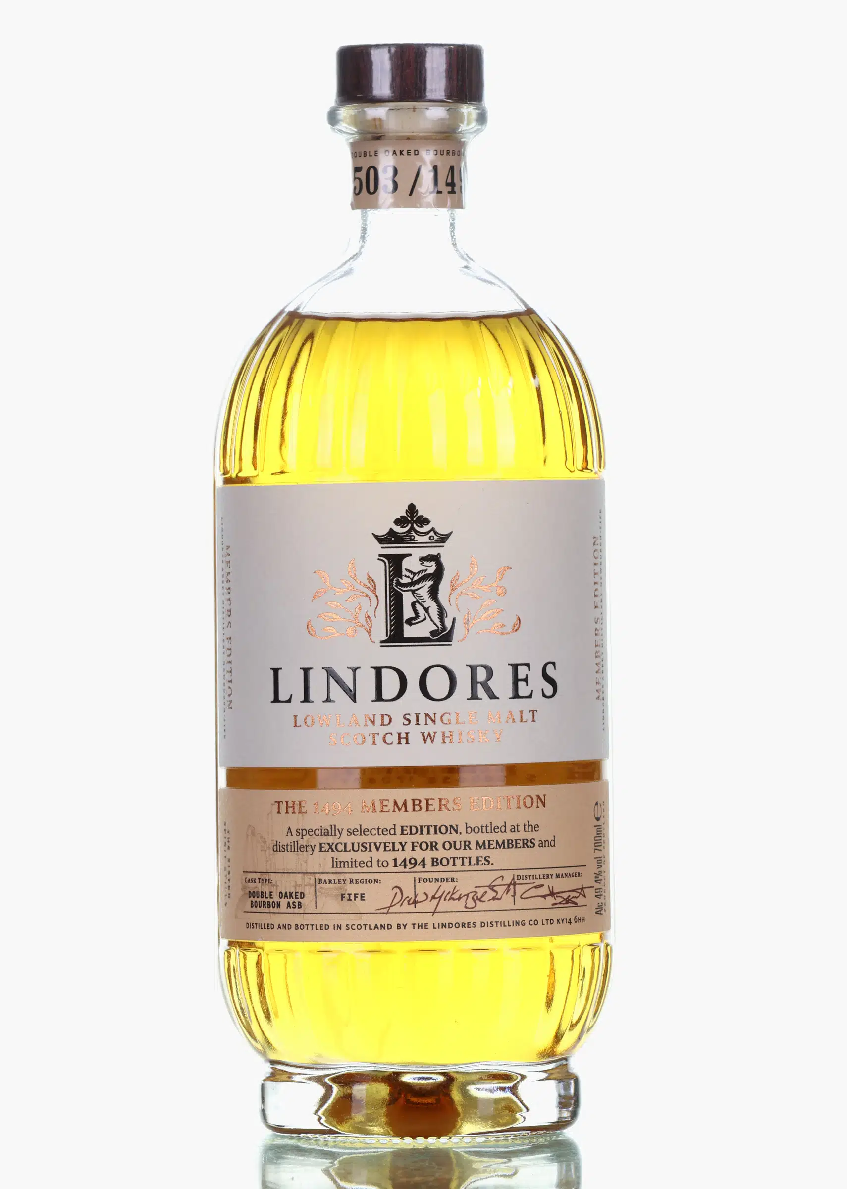 Lindores Abbey Lindores Double Oaked Ex-Bourbon -The 1494 Members Edition 3 Year Old, Bourbon Cask, 2022, 49.4% whisky bottle