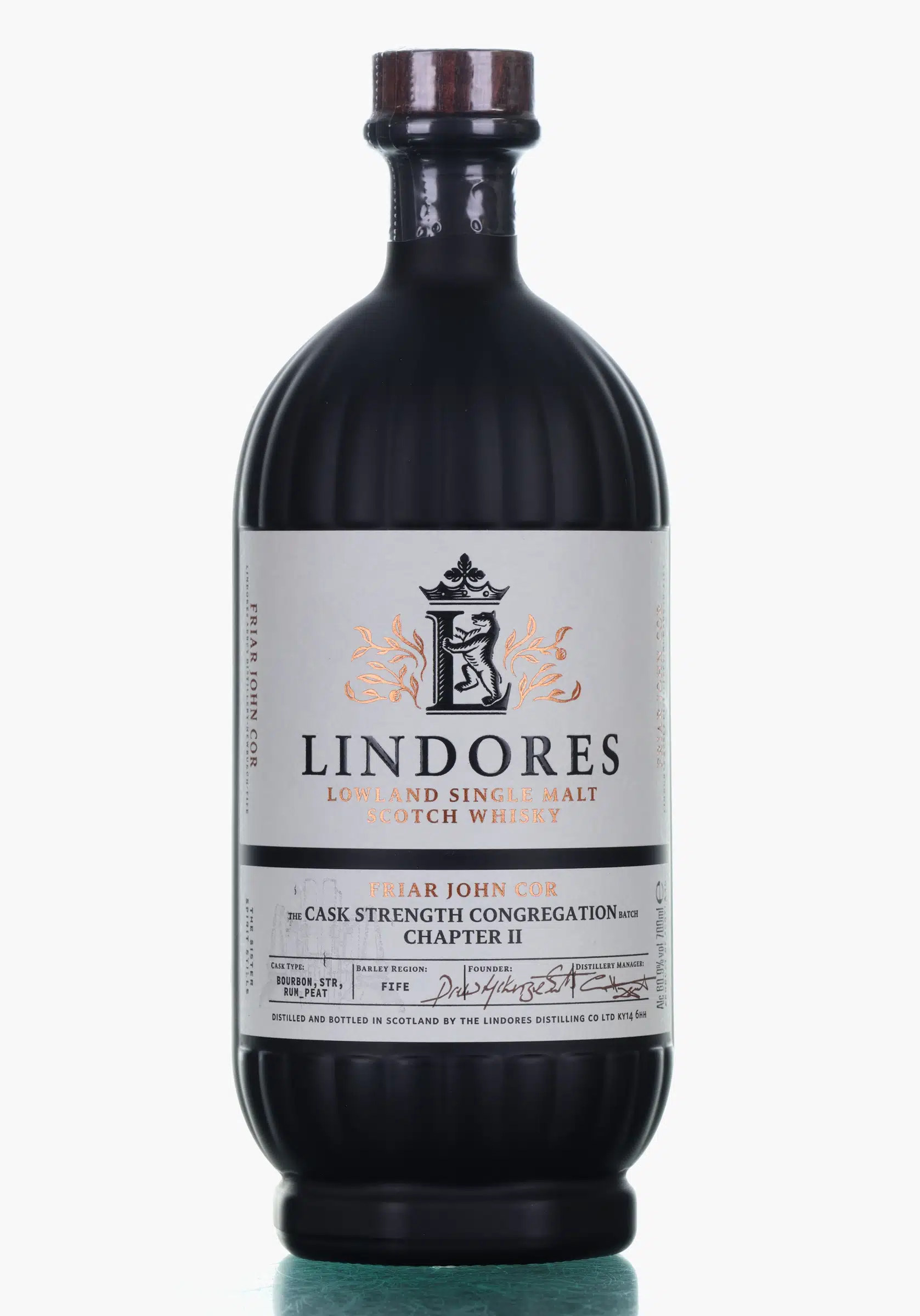 Lindores Friar John Cor The Cask Strength Congregation Batch - Chapter II 5 Year Old, Bourbon Cask, STR Wine Cask, Peated Rum Cask, 2023, 60.9% whisky bottle