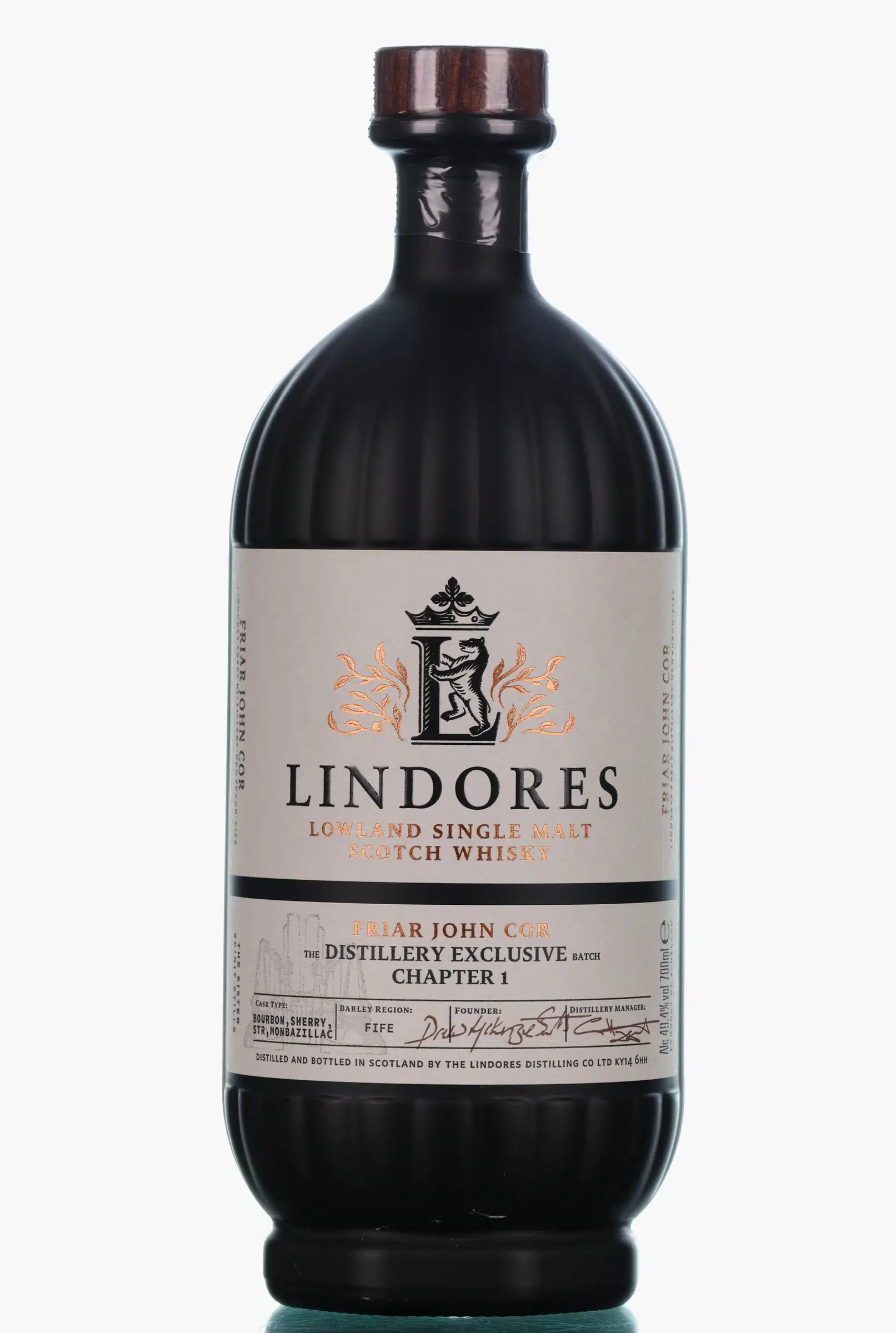 Lindores Abbey Friar John Cor Chapter 1 Distillery Exclusive, Bourbon, Monbazillac, STR & Sherry Cask, Batch No. Chapter 1, 2023, 49.4% whisky bottle