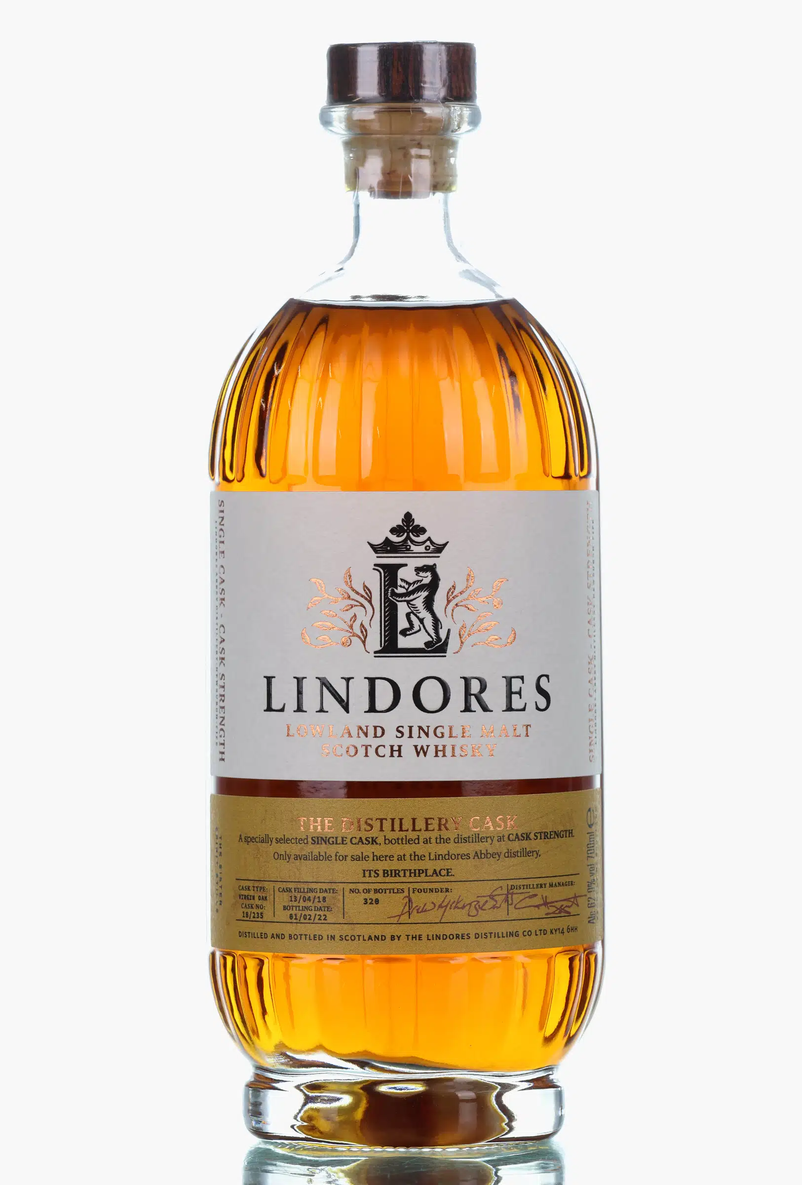 Lindores Abbey The Distillery Cask 3 Year Old, Virgin Oak Cask, Cask #18/235, 2022, 62.9% whisky bottle