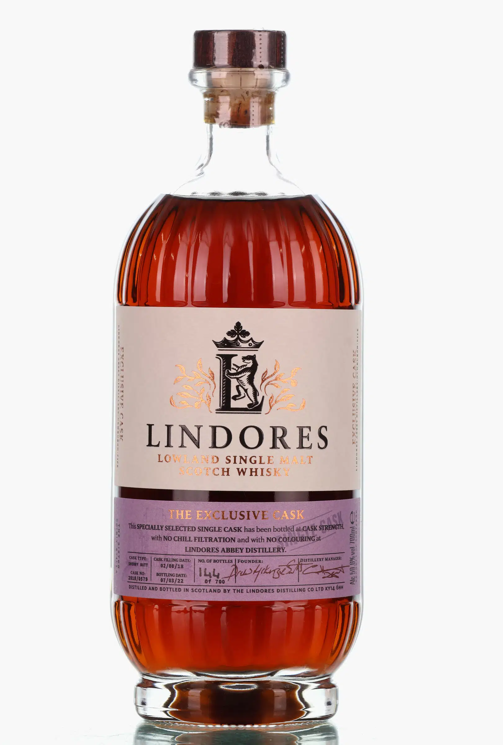 Lindores The Exclusive Cask 3 Year Old, Oloroso Sherry Cask, Cask #2018/0579, 2022, 59.6% whisky bottle