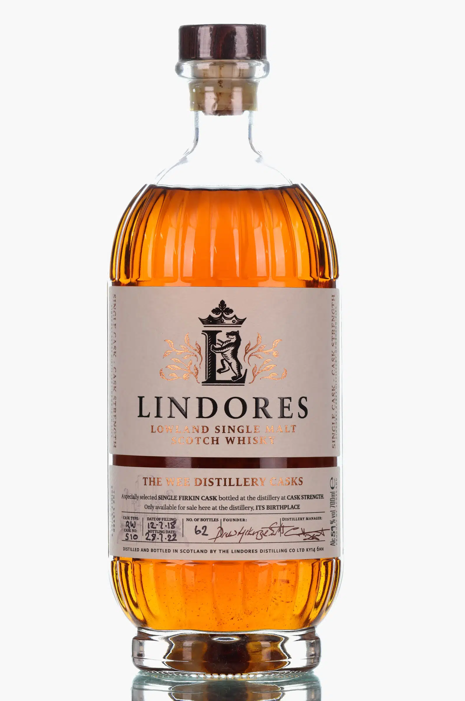 Lindores Abbey The Wee Distillery Cask 4 Year Old, Red Wine Firkin Cask, Cask #510, 2022, 59% whisky bottle