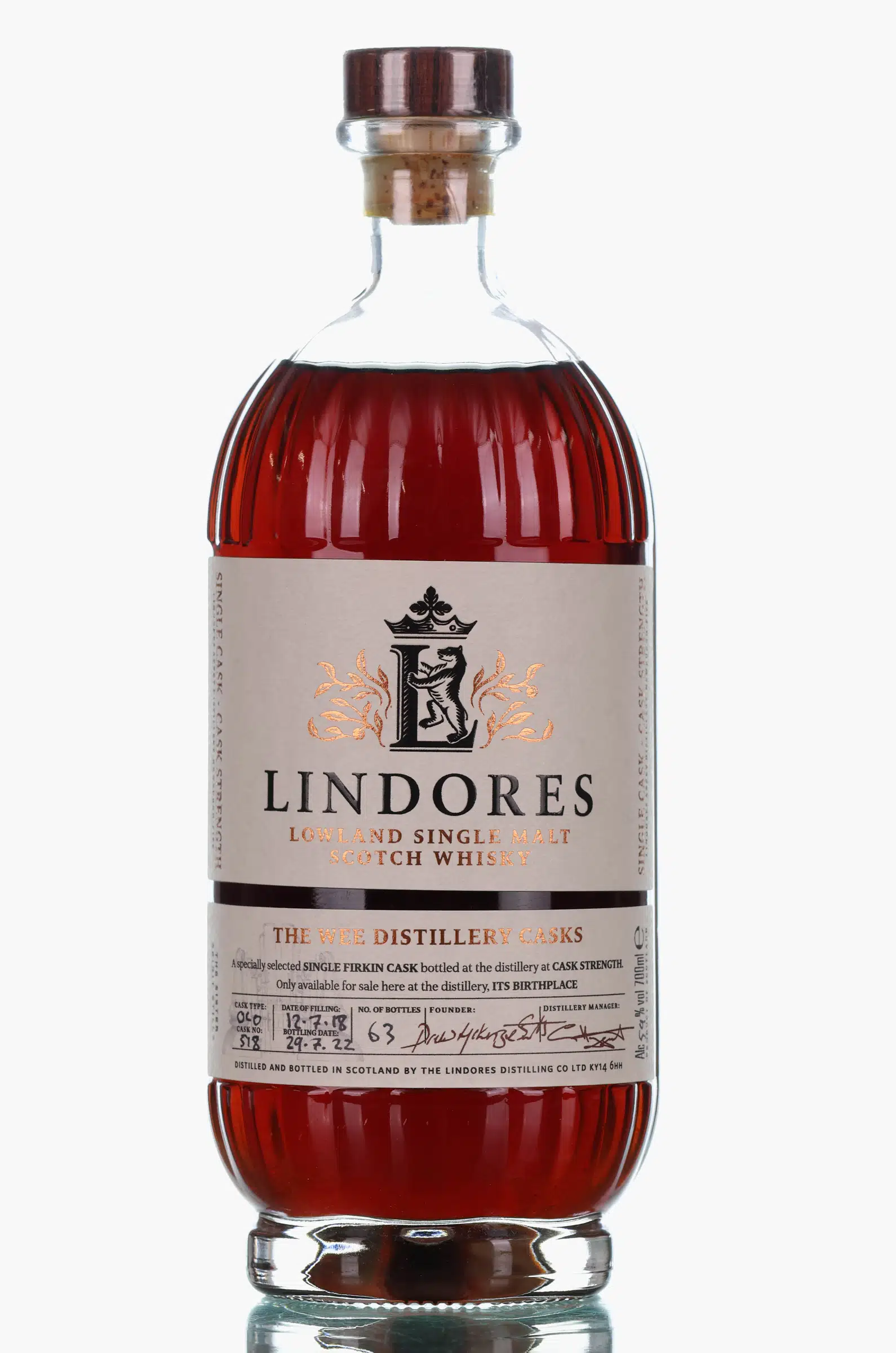 Lindores Abbey The Wee Distillery Cask 4 Year Old, Oloroso Sherry Cask, Cask #518, 2022, 59% whisky bottle