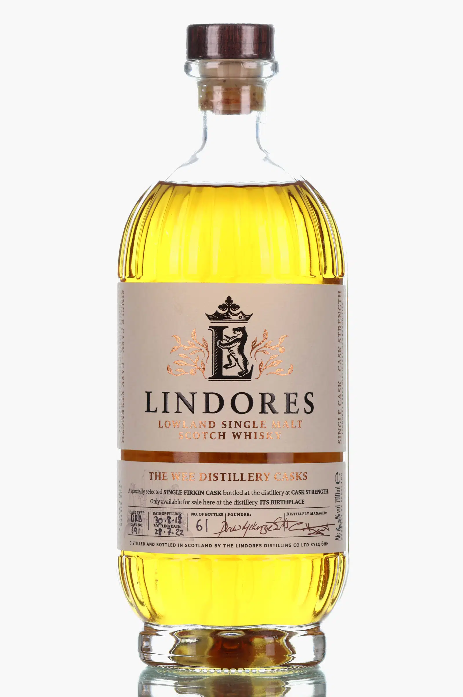 Lindores Abbey The Wee Distillery Cask 4 Year Old, Bourbon Cask, Cask #691, 2022, 60.5% whisky bottle