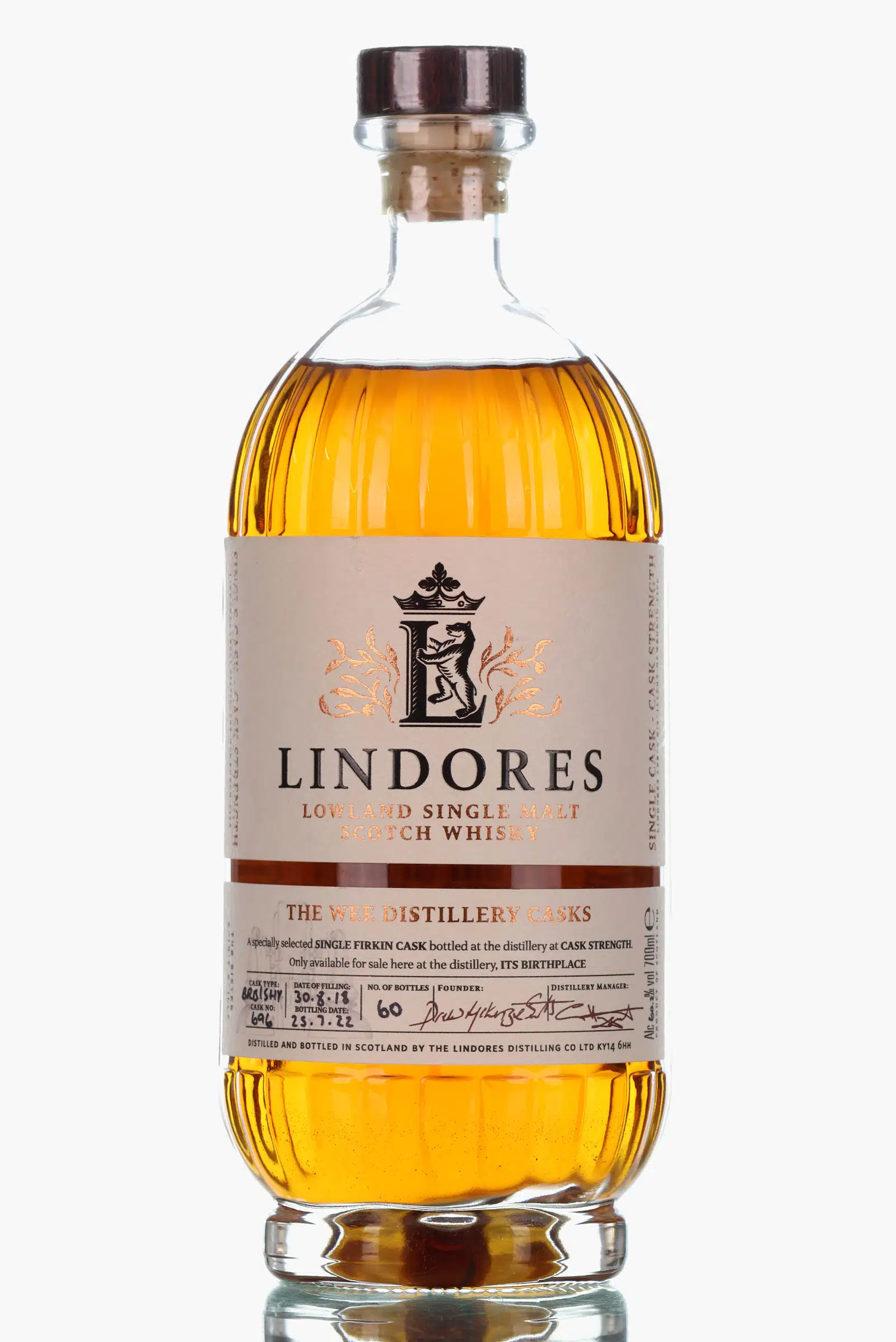 Lindores Abbey The Wee Distillery Cask 4 Year Old, Bourbon & Sherry Cask, Cask #0696, 2022, 60.2% whisky bottle