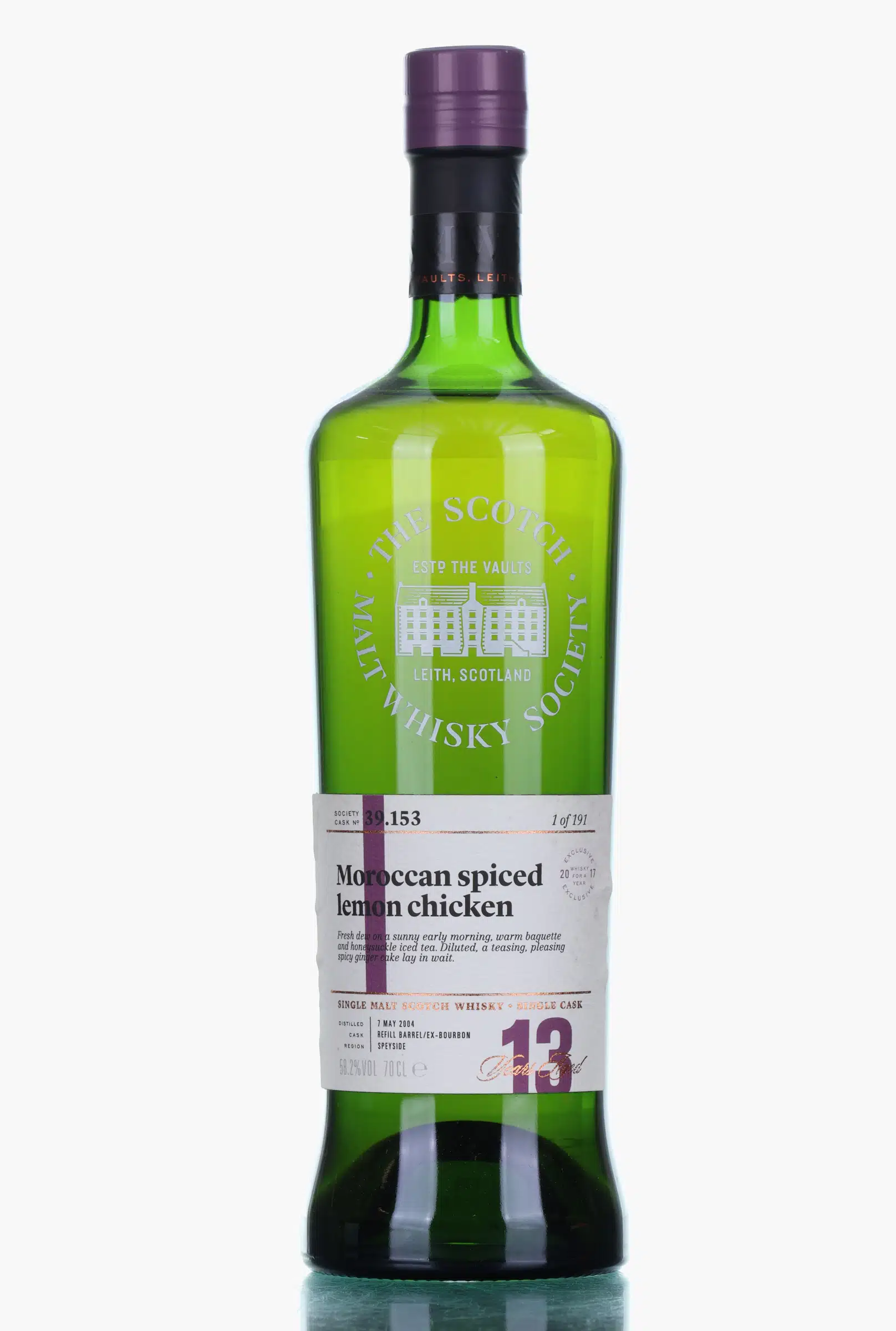 Linkwood Moroccan Spiced Lemon Chicken 13 Year Old, Refill Ex-Bourbon Cask, Cask #39.153, 2004, The Scotch Malt Whisky Society, 58.2% whisky bottle