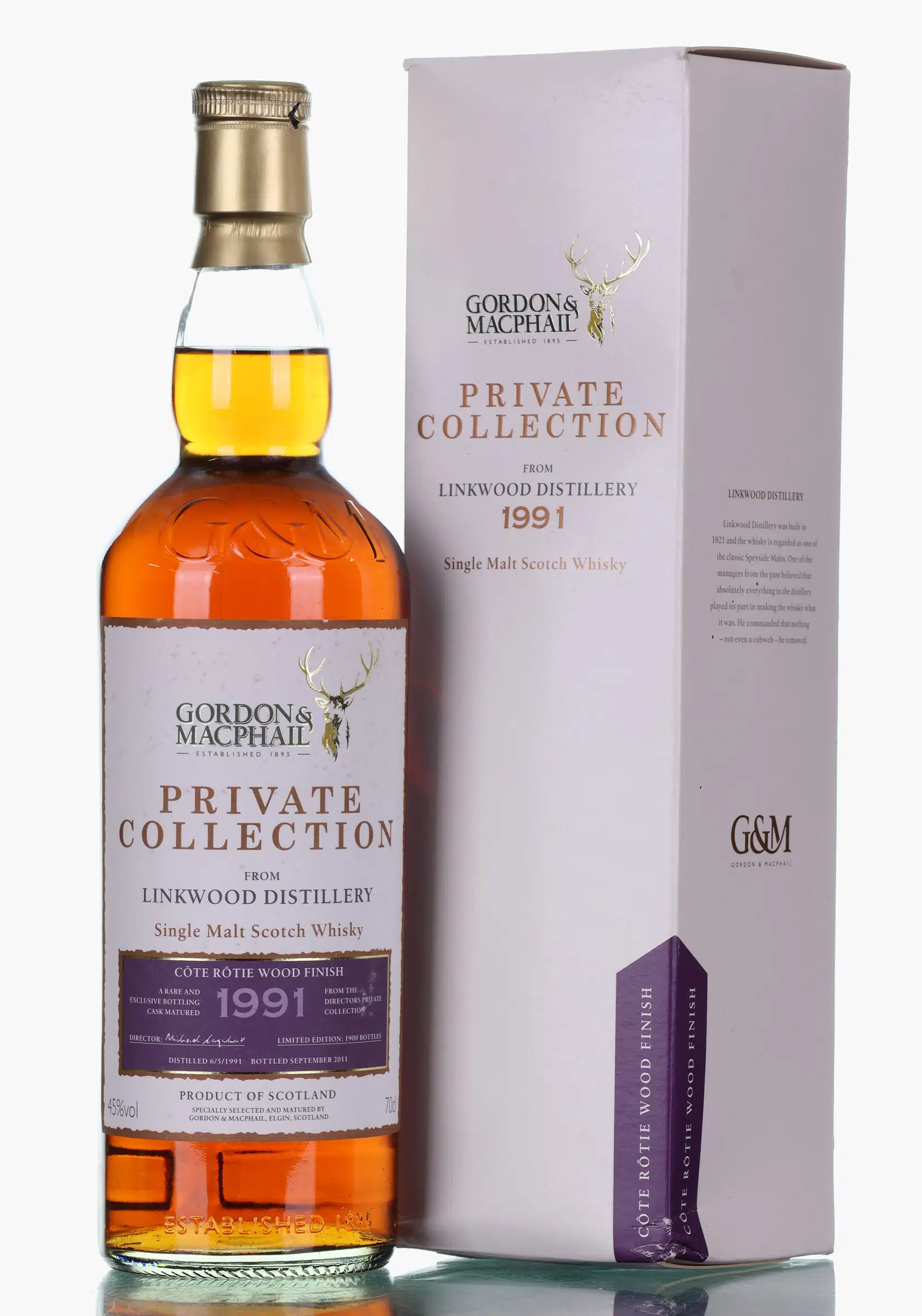 Linkwood Private Collection Côte-Rôtie Wood Finish 20 Year Old, Bourbon & Côte-Rôtie Wine Cask, 1991, Gordon & MacPhail, 45% whisky bottle
