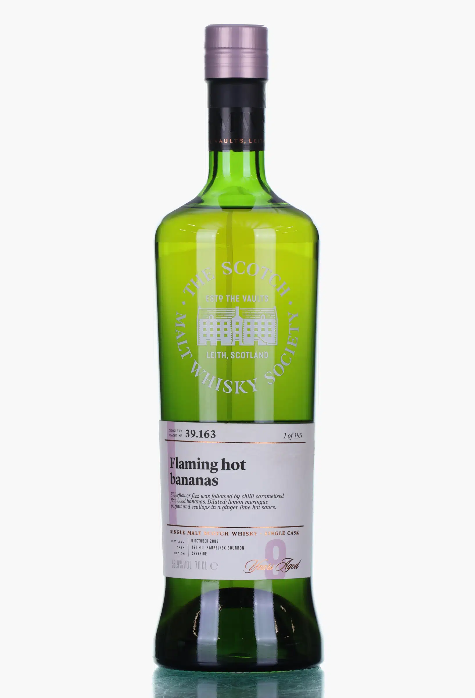 Linkwood Flaming Hot Bananas 9 Year Old, Bourbon Cask, Cask #39.163, 2008, Scotch Malt Whisky Society, 56.9% whisky bottle