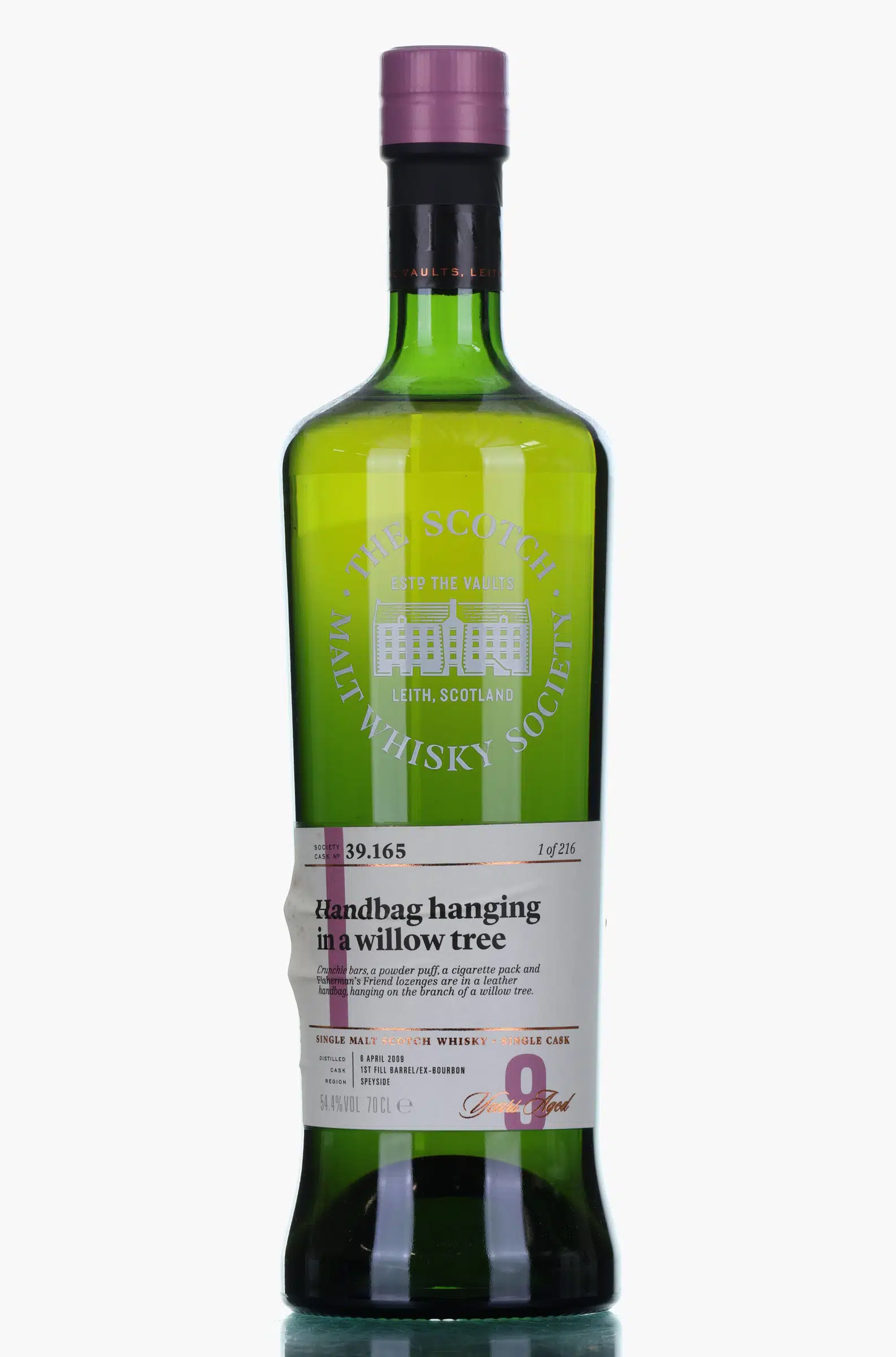 Linkwood Handbag hanging in a willow tree 9 Year Old, Bourbon Cask, Cask #39.165, 2009, Scotch Malt Whisky Society (SMWS), 54.4% whisky bottle