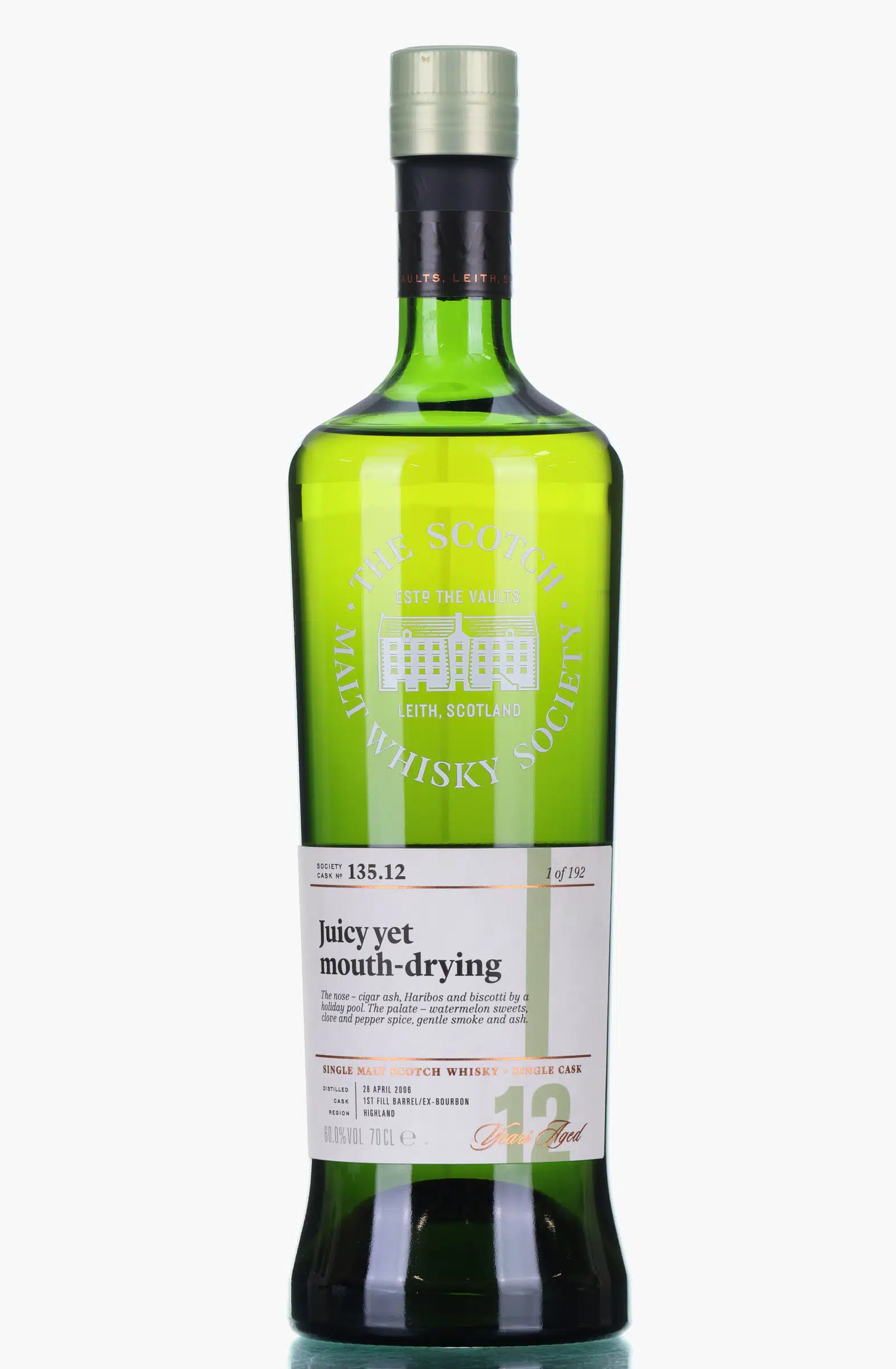 Loch Lomond Juicy yet Mouth-Drying 12 Year Old, Bourbon Cask, Cask #135.12, 2006, The Scotch Malt Whisky Society, 60% whisky bottle