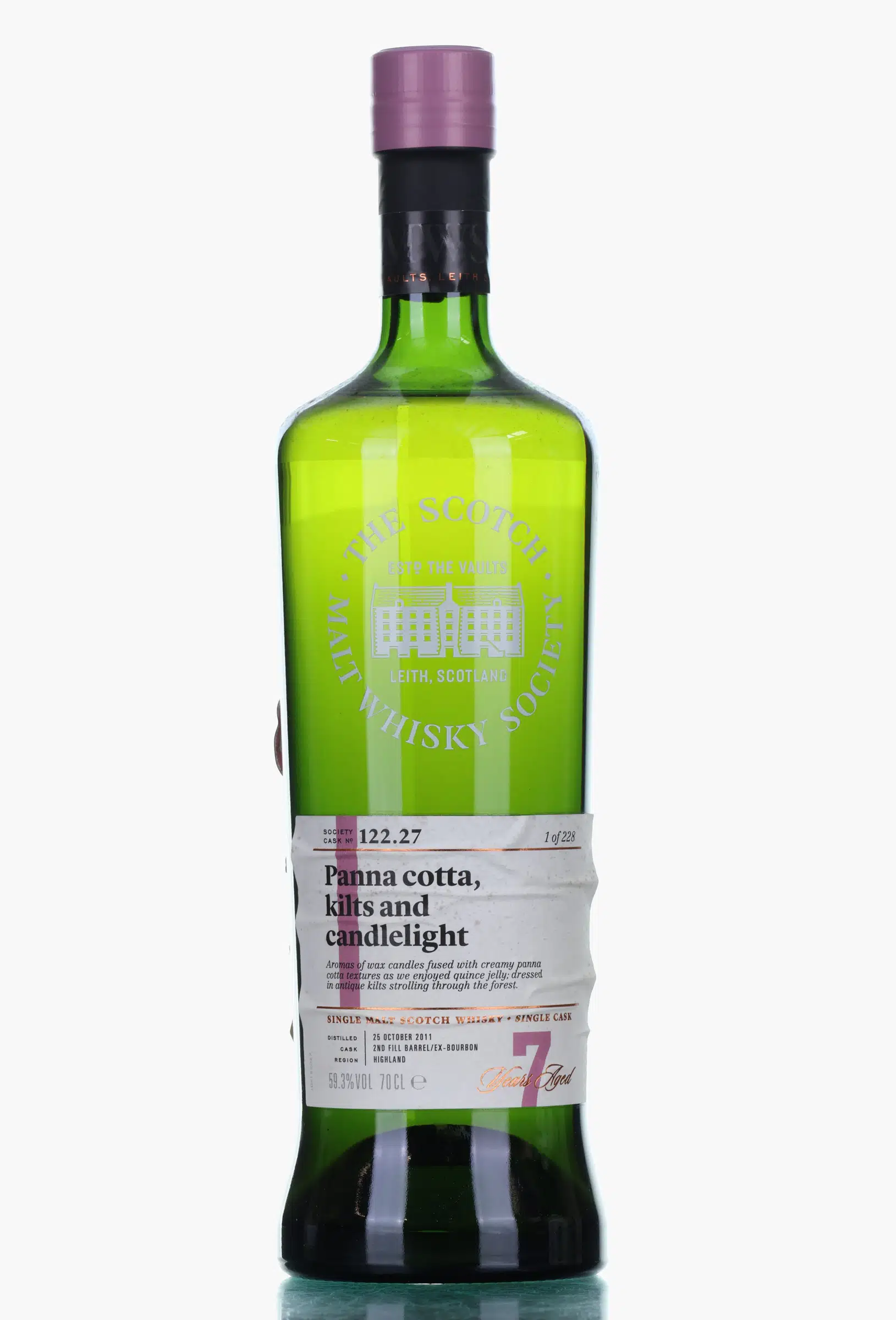 Loch Lomond Panna Cotta, Kilts & Candlelight 7 Year Old, Bourbon Cask, Cask #122.27, 2011, The Scotch Malt Whisky Society (SMWS), 59.3% whisky bottle