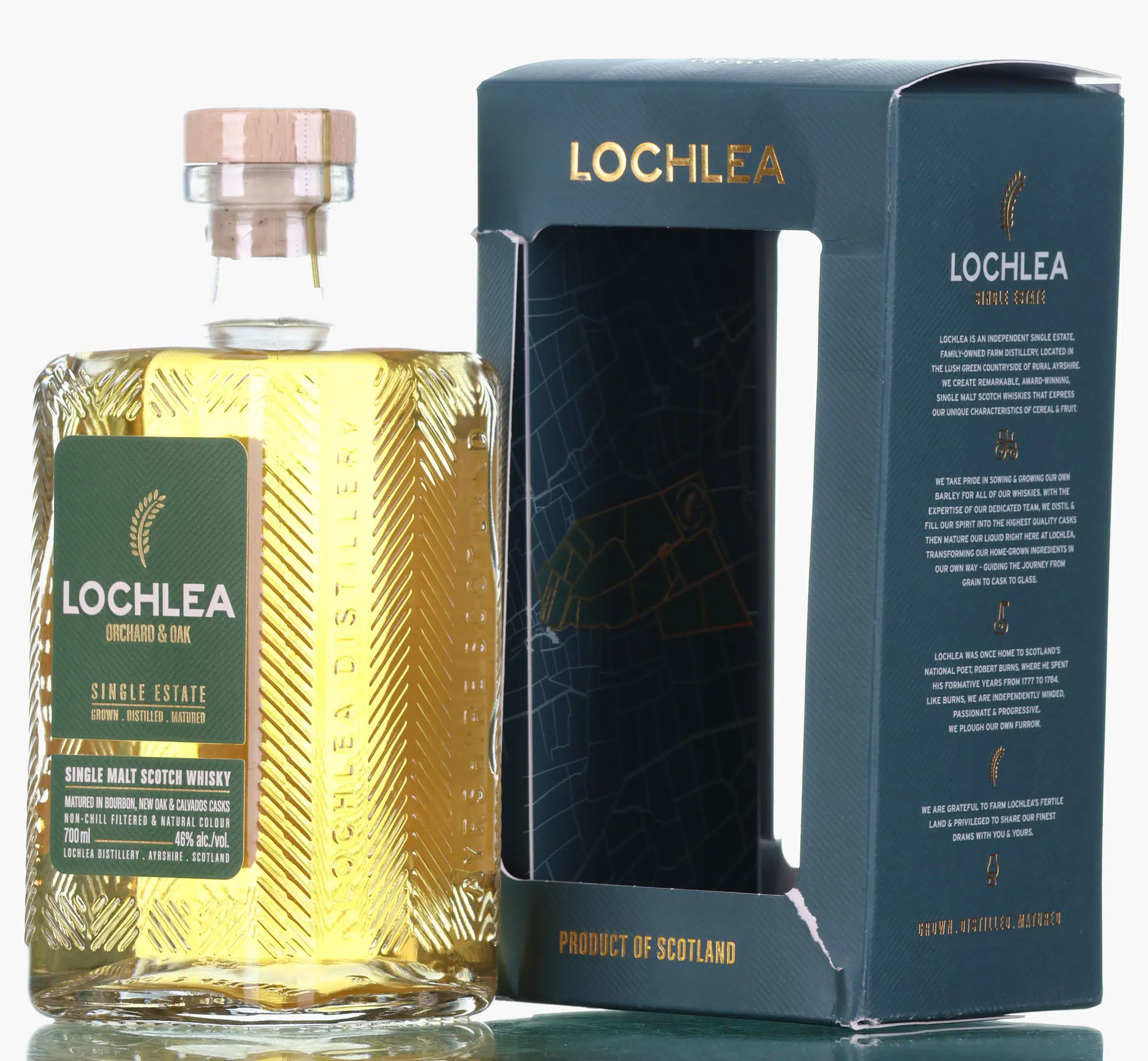 Lochlea Orchard & Oak Single Estate, Bourbon, Virgin American Oak & Calvados Cask, 2025, 46% whisky bottle