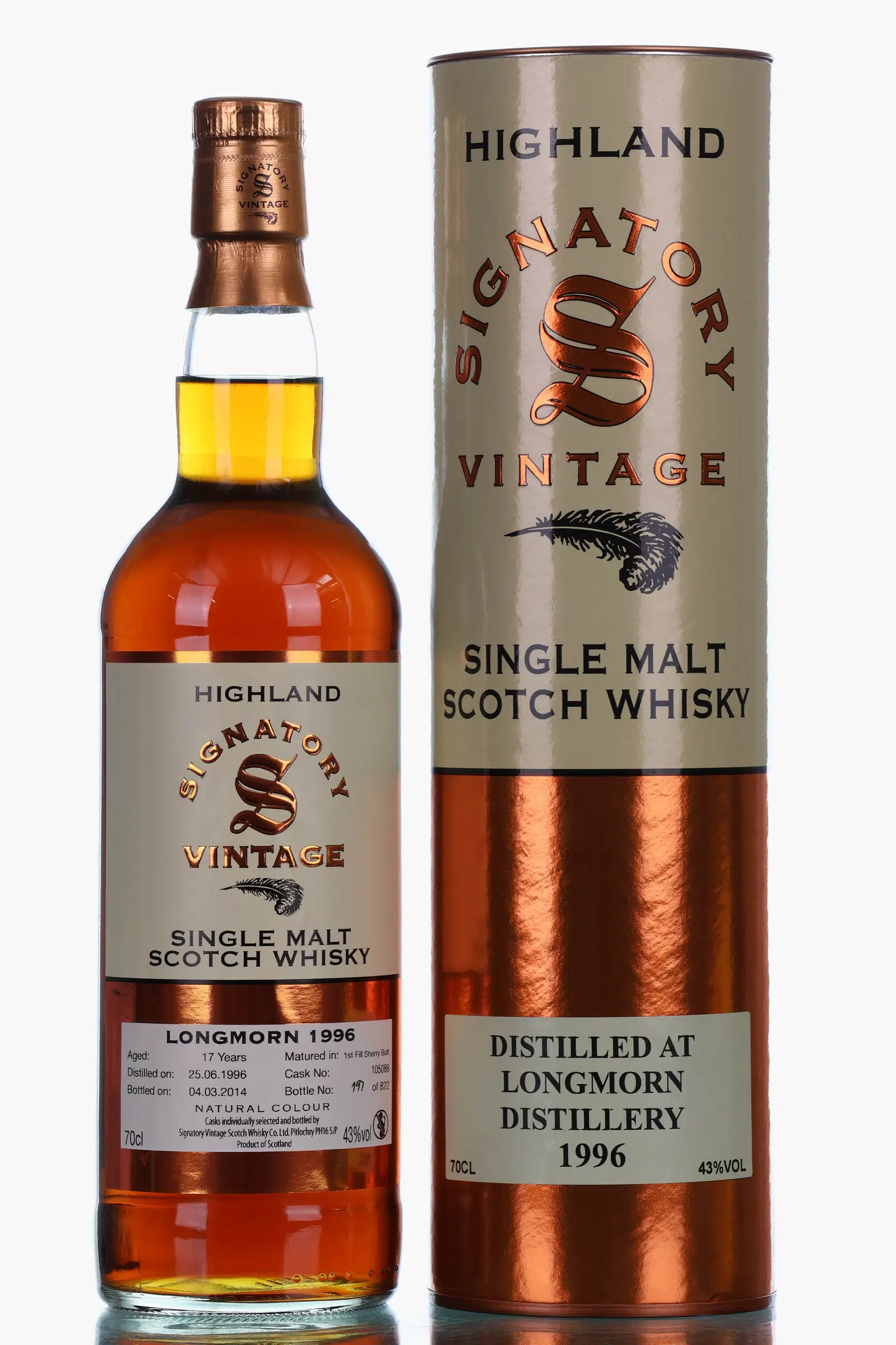 Longmorn 17 Year Old, Sherry Cask, Cask #105086, 1996, Signatory Vintage, 43% whisky bottle