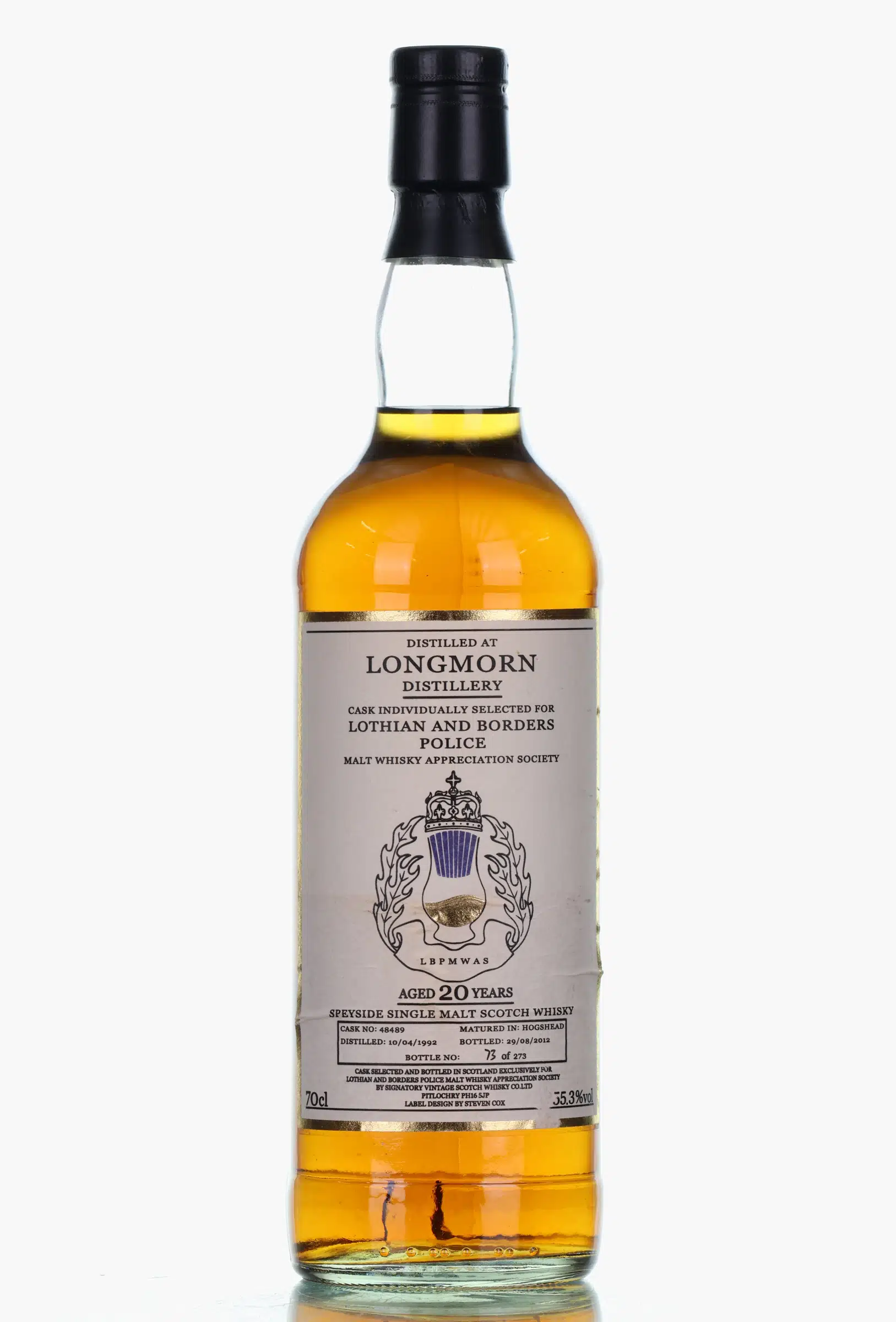 Longmorn Lothian & Borders Police 20 Year Old, Hogshead Cask, Cask #48489, 1992, Signatory, 55.3% whisky bottle