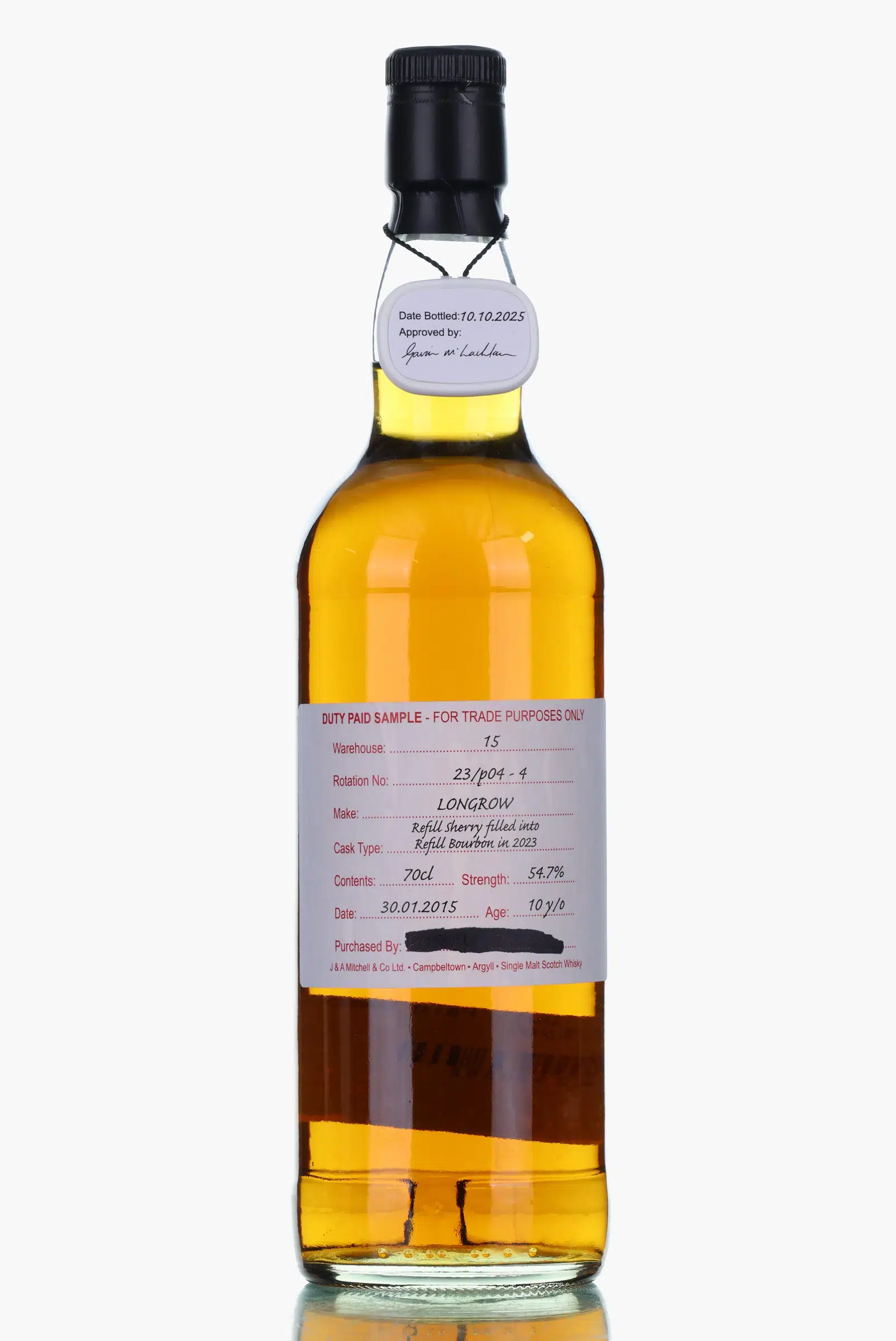 Longrow 2015 10 Year Old Duty Paid Sample, Refill Oloroso & Manzanilla Sherry Cask, 2025, 54.7% whisky bottle