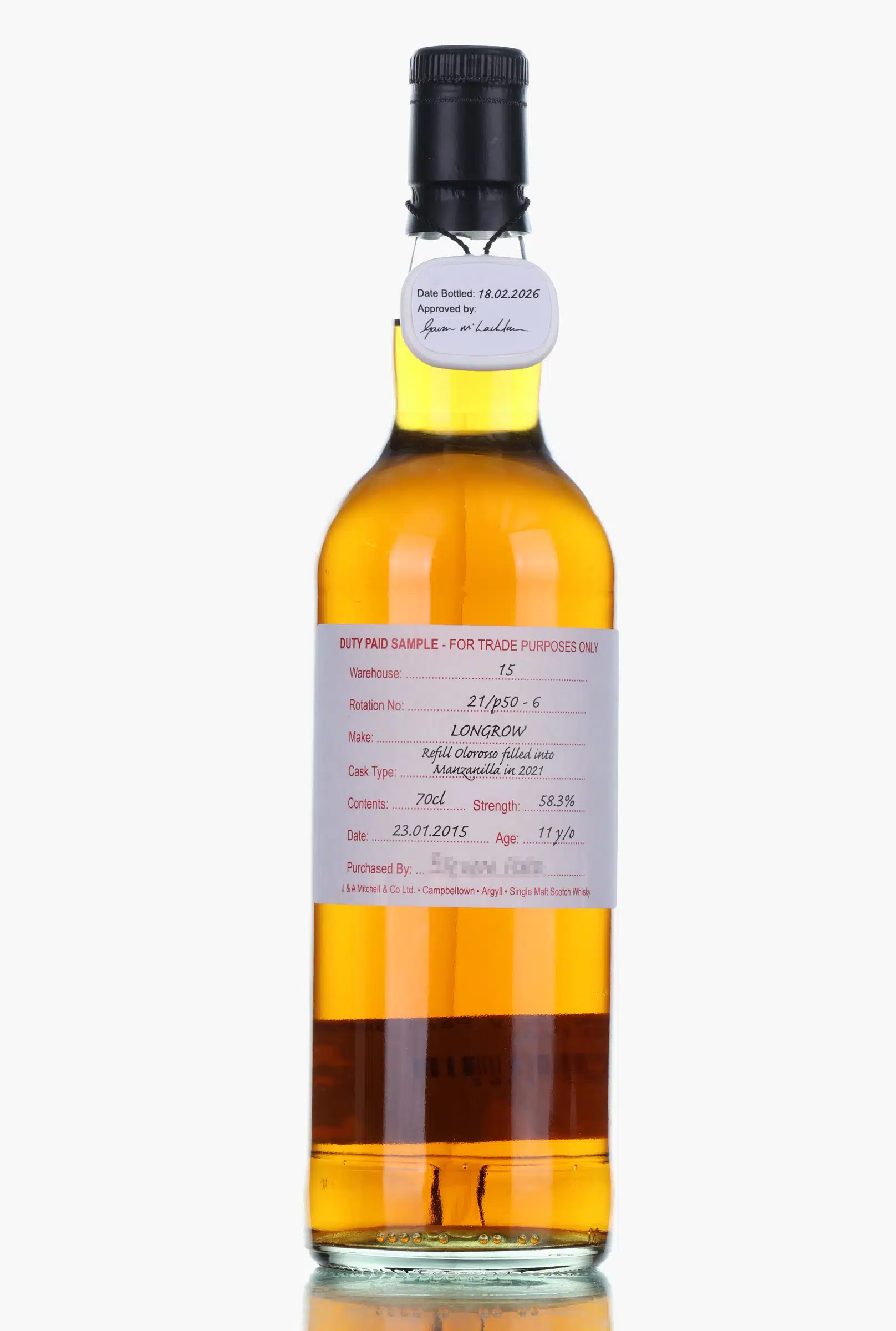 Longrow Duty Paid Sample 11 Year Old, Manzanilla & Oloroso Cask, 2026, 58.3% whisky bottle