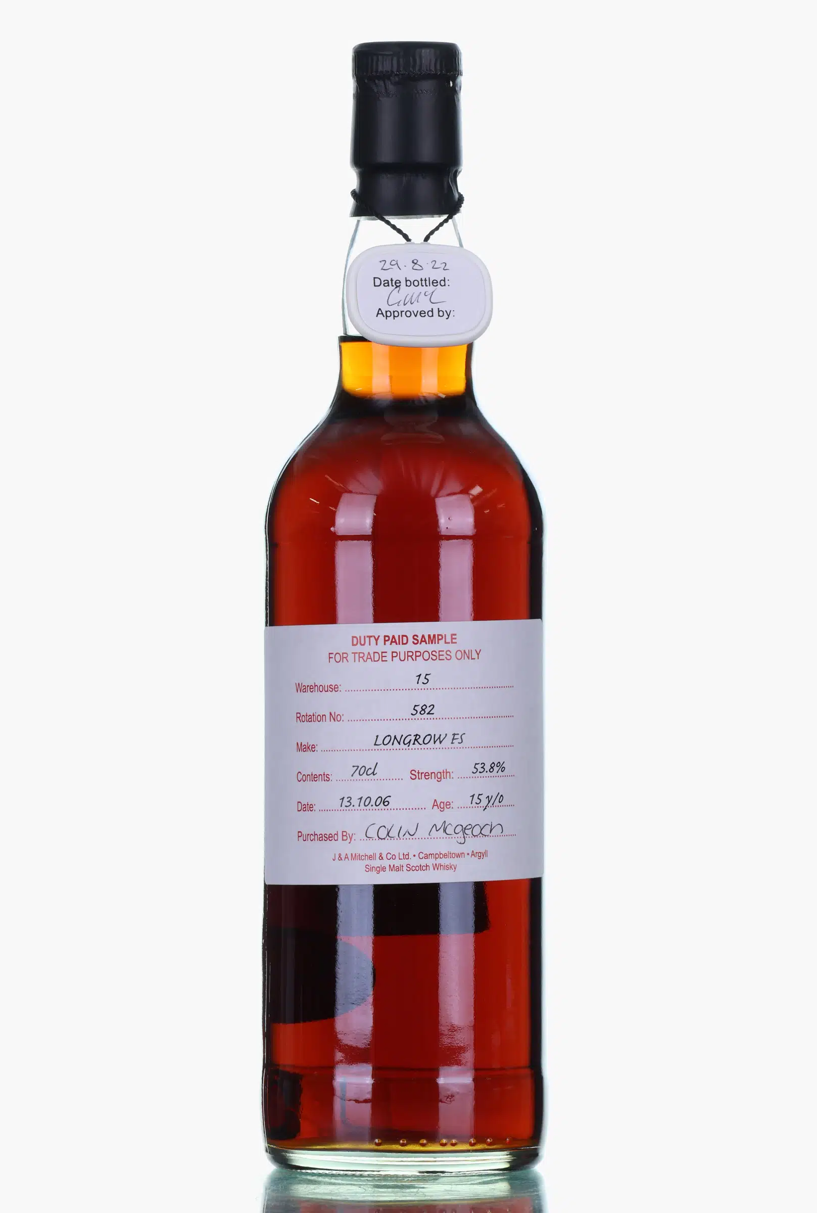 Longrow Duty Paid Sample 15 Year Old, Fresh Sherry Cask, Cask #542, 2022, 53.8% whisky bottle