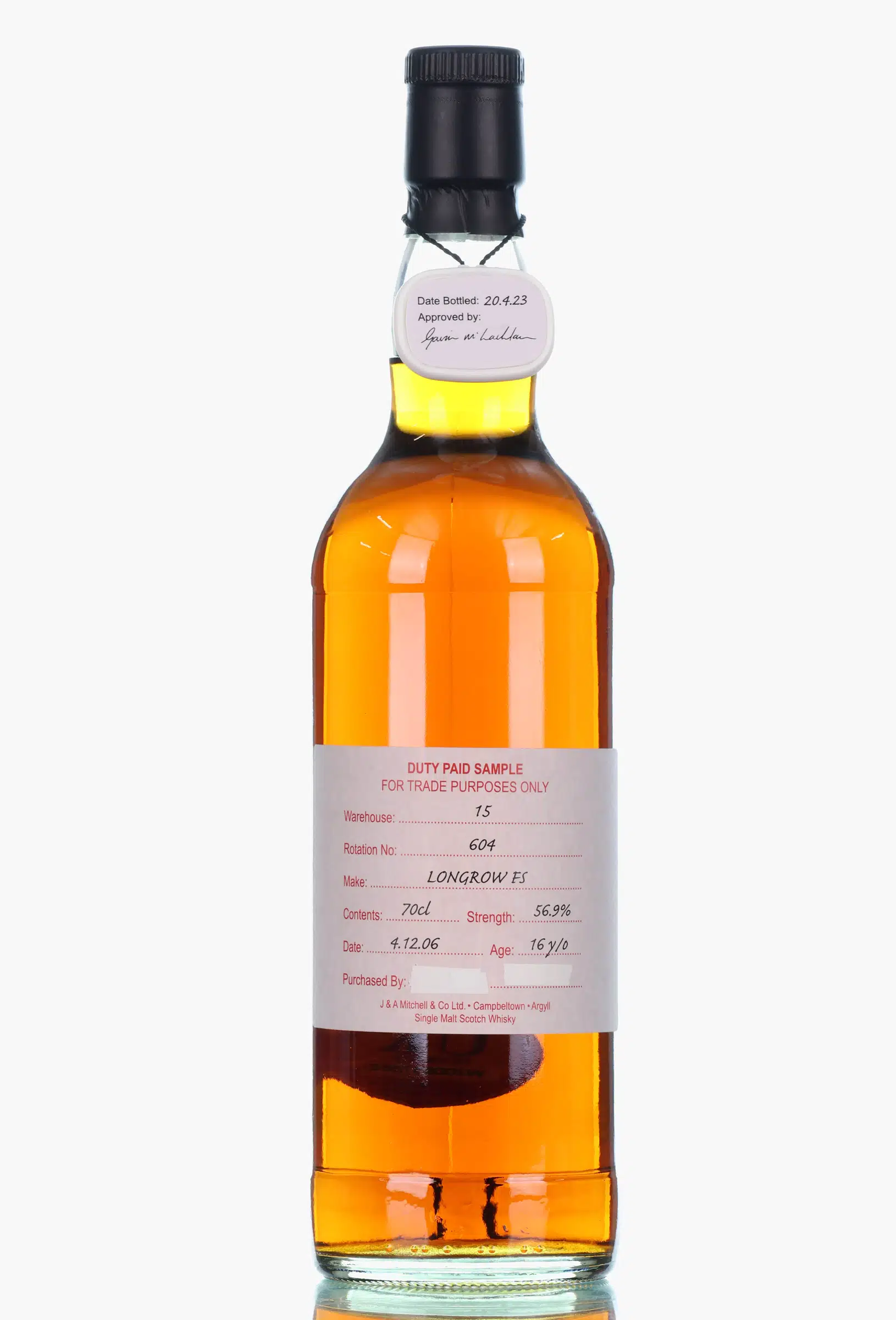 Longrow 2006 16 Year old Duty Paid Sample, Oak Cask, Cask #604, 2023, 56.9% whisky bottle