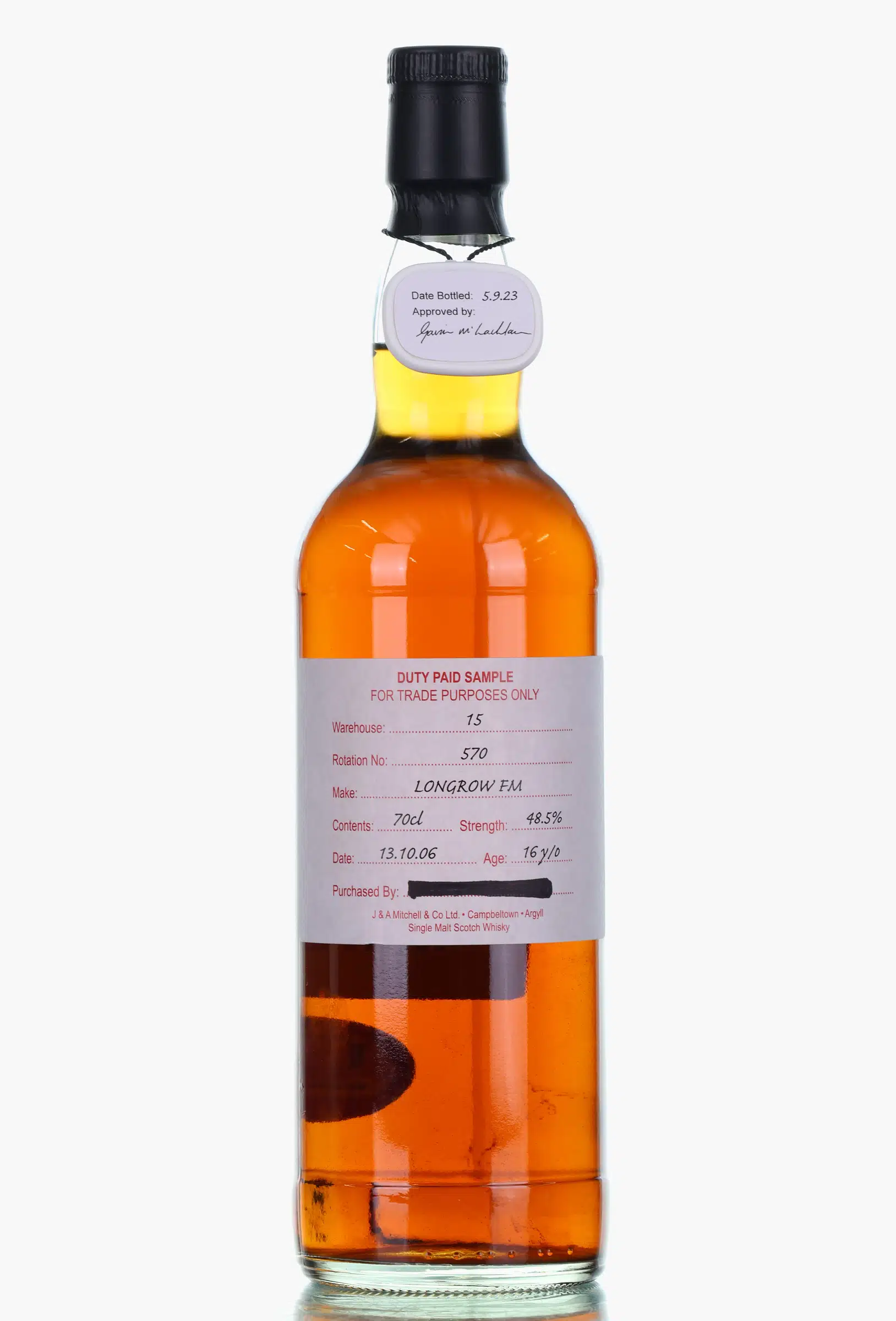 Longrow FM Duty Paid Sample 16 Year Old, Madeira Cask, 2023, 48.5% whisky bottle