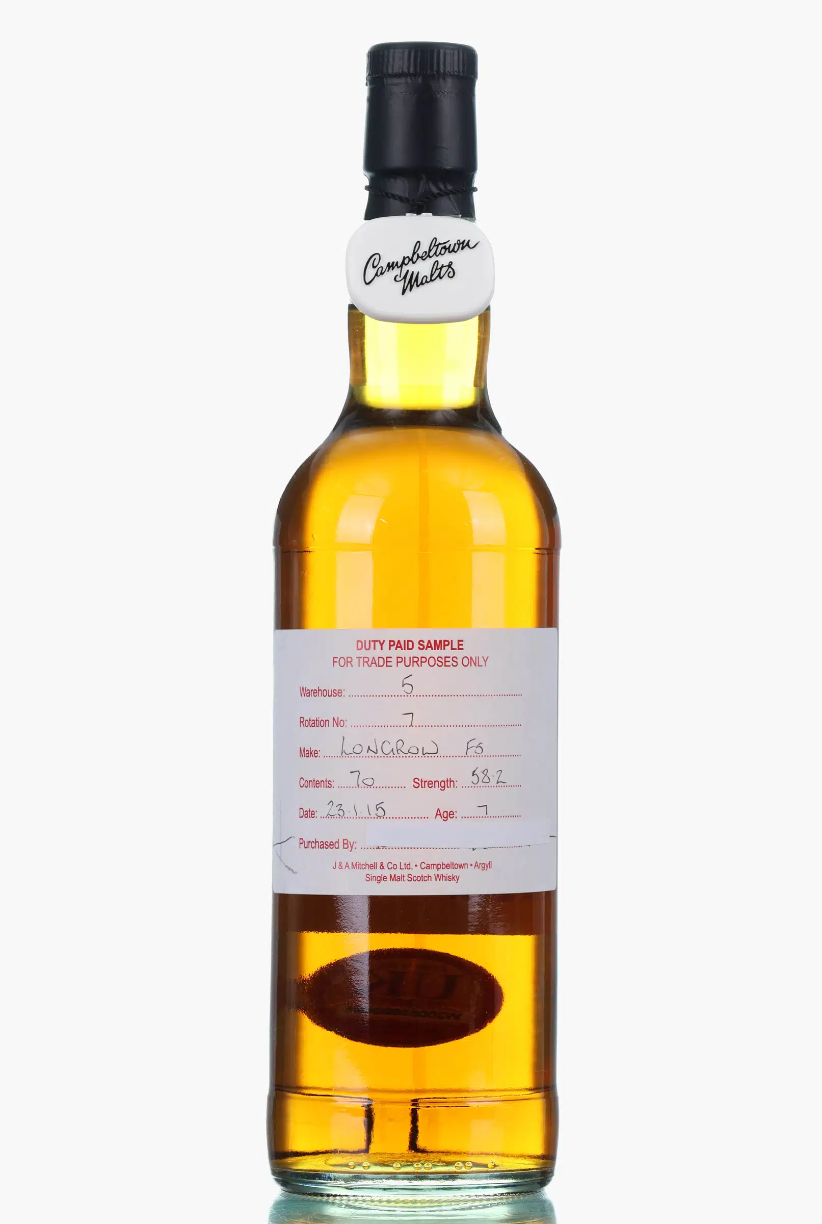 Longrow 2015 7 Year Old Duty Paid Sample, Rotation 7, 58.2% whisky bottle