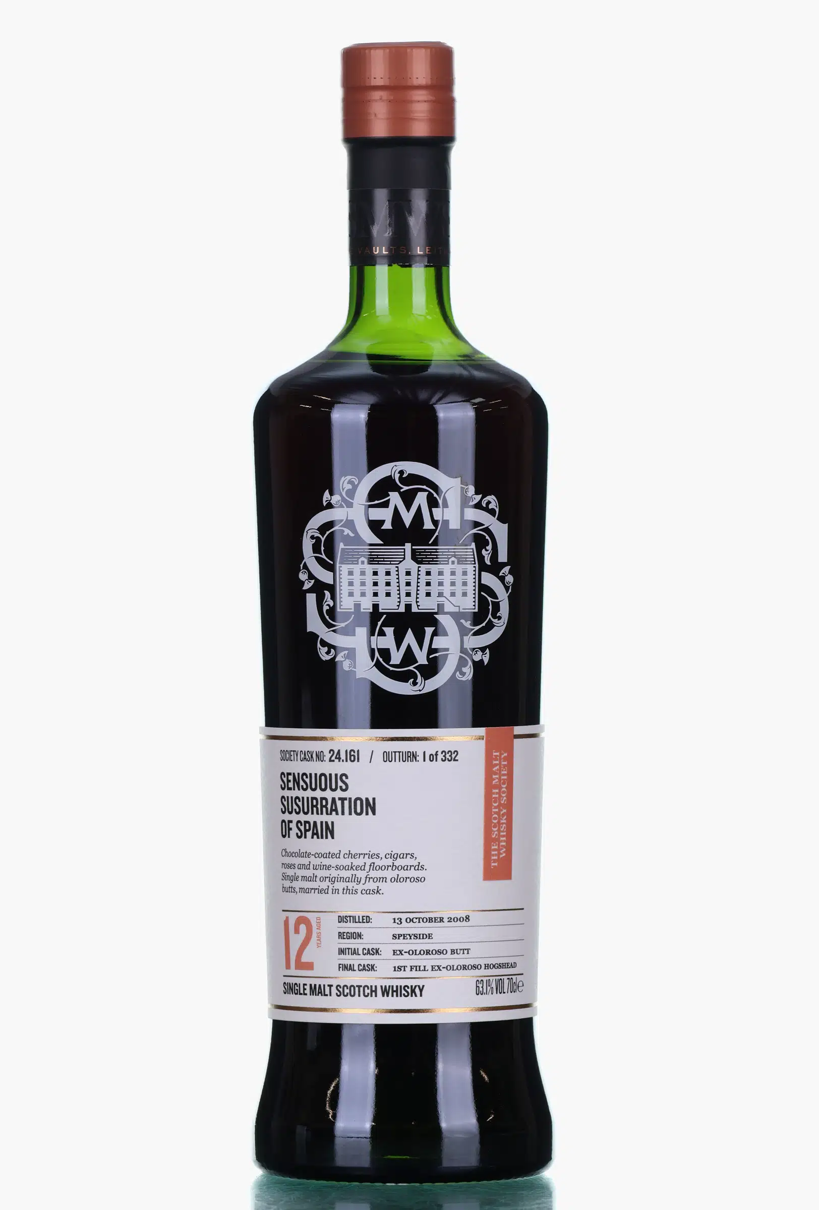 Macallan Sensuous Susurration of Spain 12 Year Old, Oloroso Sherry Cask, Cask #161, 2008, The Scotch Malt Whisky Society, 63.1% whisky bottle