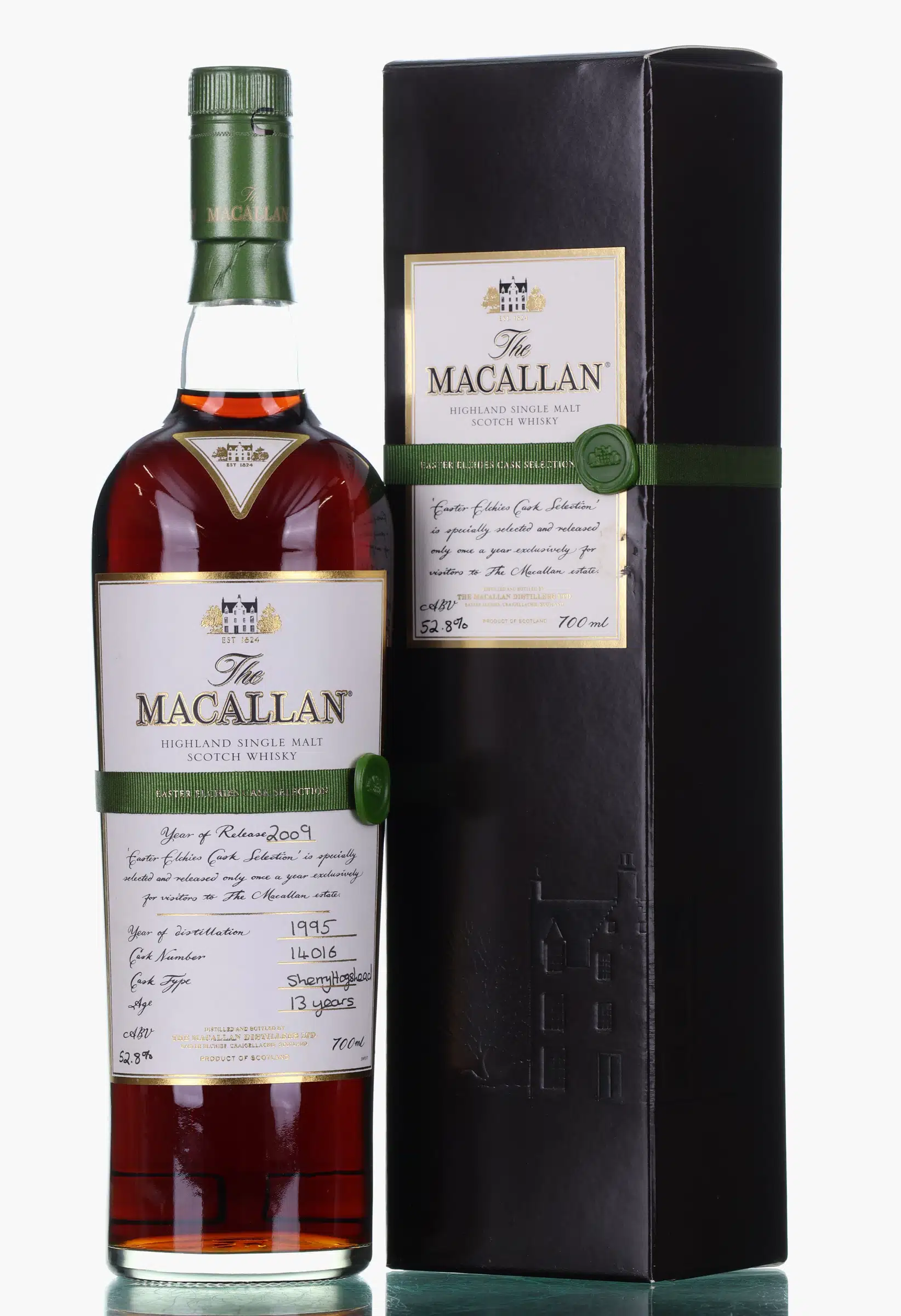 Macallan Easter Elchies 2009 Release (Green Ribbon) 13 Year Old, Sherry Hogshead Cask, Cask #14016, 2009, 52.8% whisky bottle