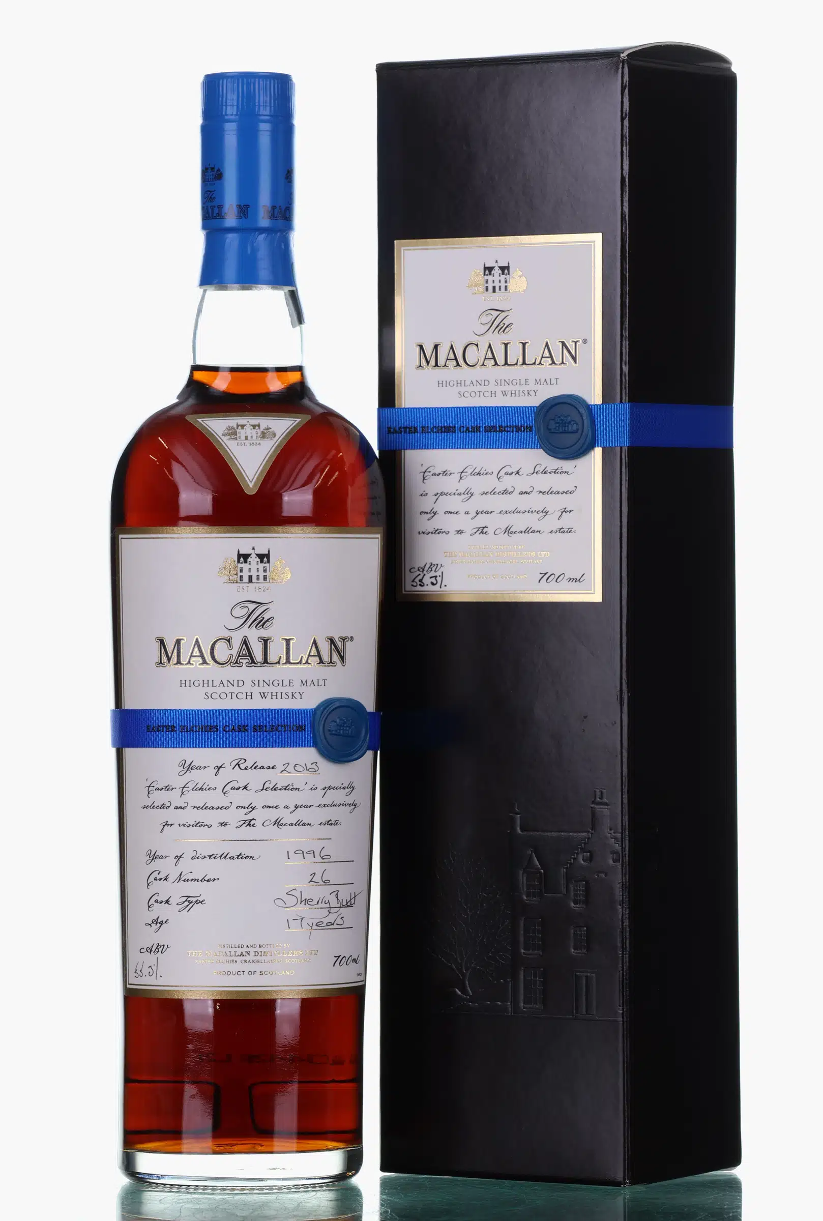 Macallan Easter Elchies 2013 Release (Blue Ribbon) 17 Year Old, Sherry Butt Cask, Cask #26, 2013, 55.3% whisky bottle
