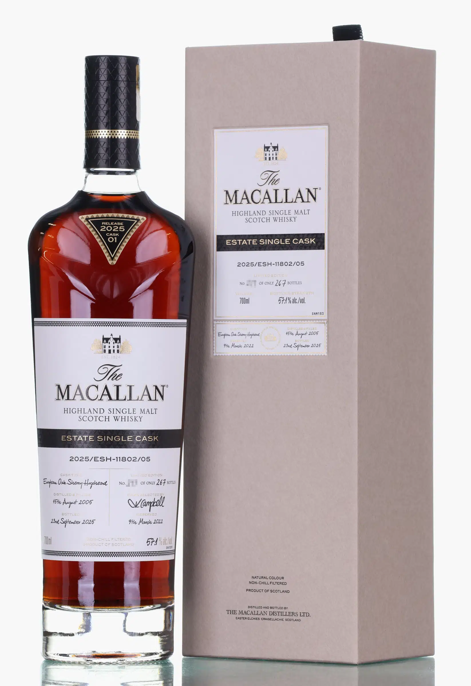 Macallan Estate Single Cask 20 Year Old, European oak sherry hogshead Cask, Cask No. ESH-11802, 2025, 57.1% whisky bottle