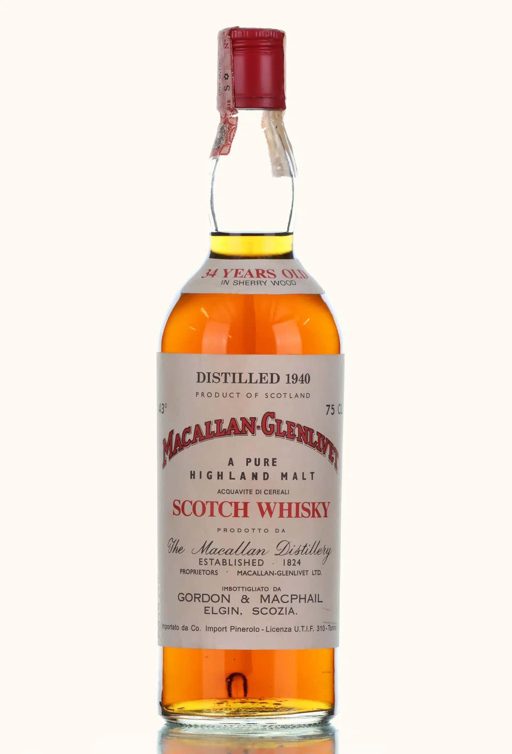 Macallan G&M Pinerolo Import 34 Year Old, Sherry Cask, 1940, Gordon & MacPhail, 43% whisky bottle