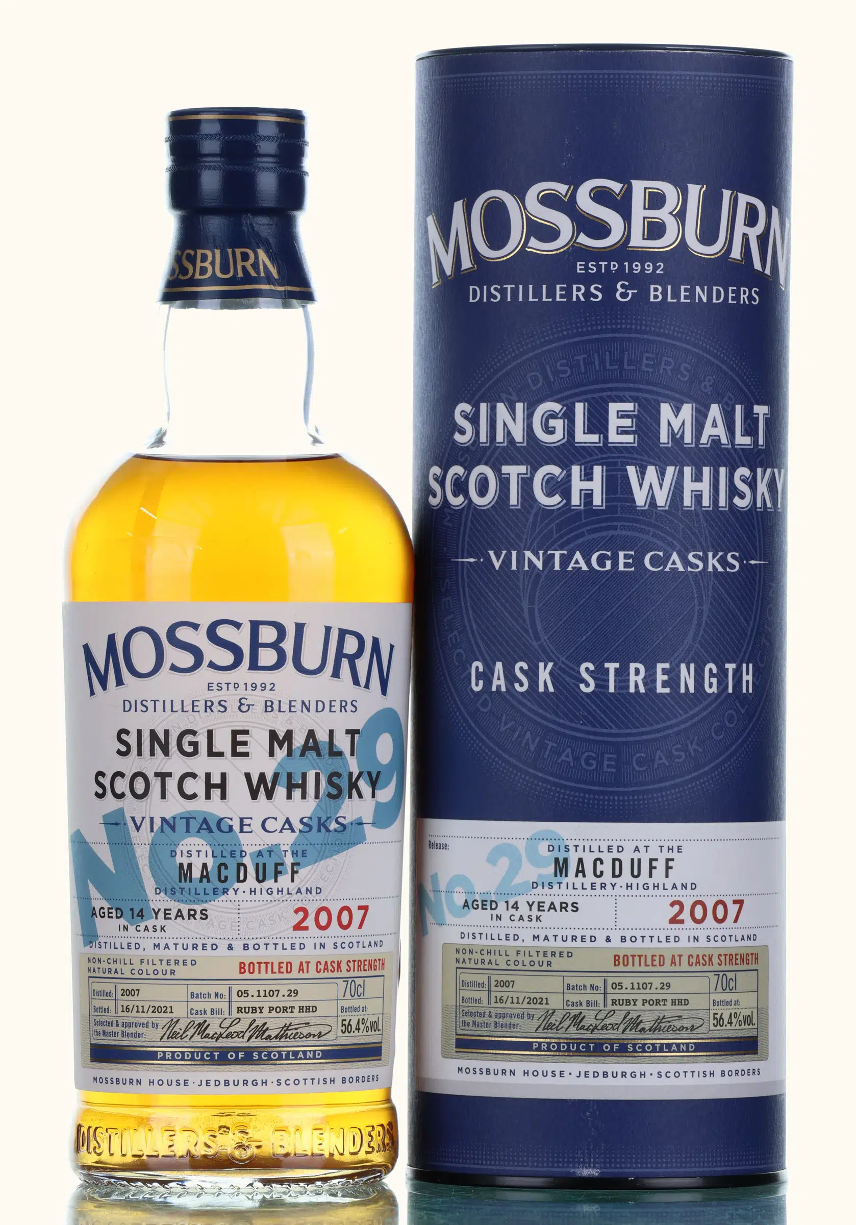 Macduff Vintage Cask #29 14 Year Old, Port Cask, Batch No. 05.1107.29, 2007, Mossburn Distillers & Blenders, 56.4% whisky bottle