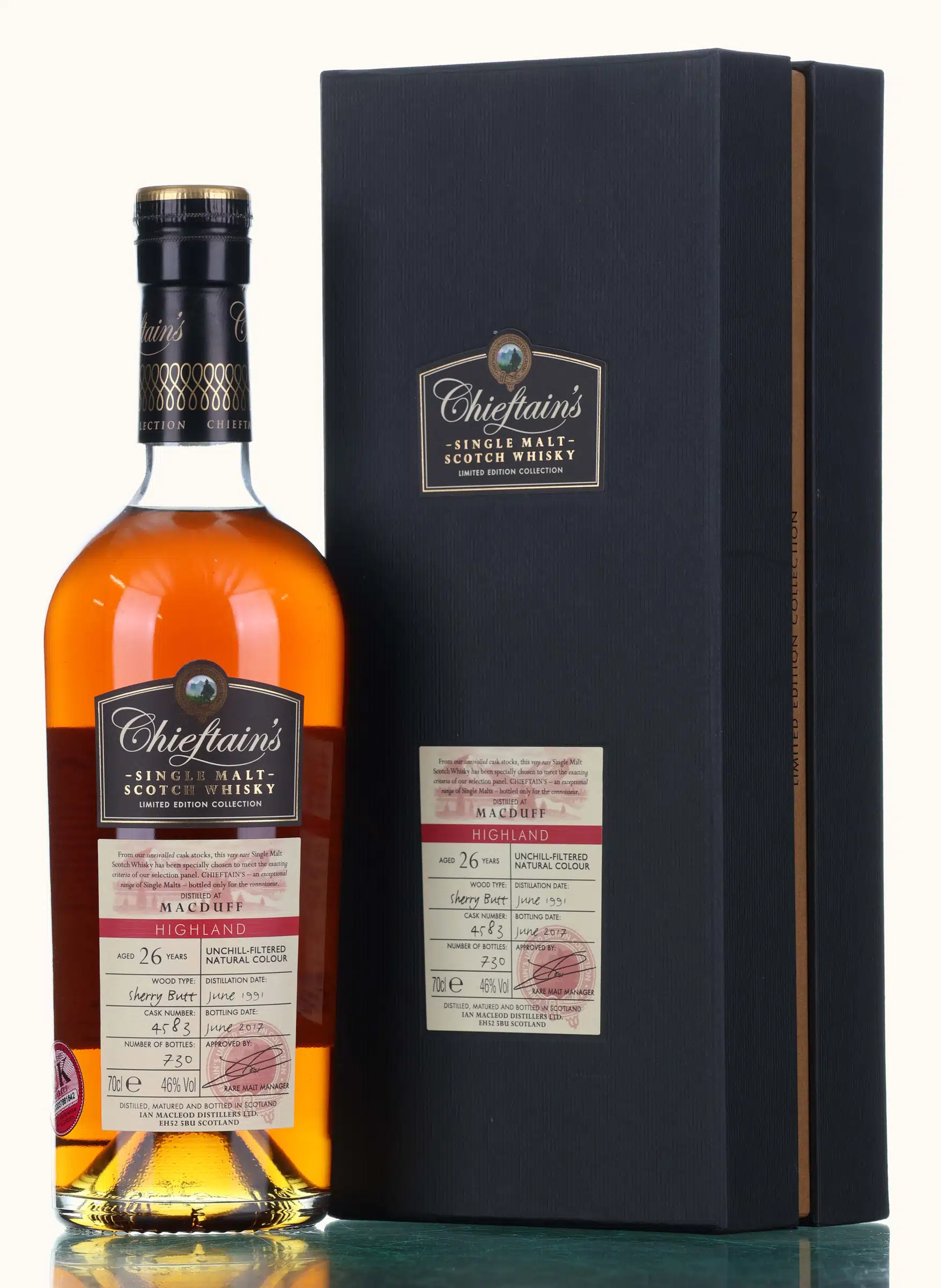 Macduff Chieftain's 26 Year Old, Sherry Butt Cask, Cask #4583, 1991, Ian Macleod, 46% whisky bottle