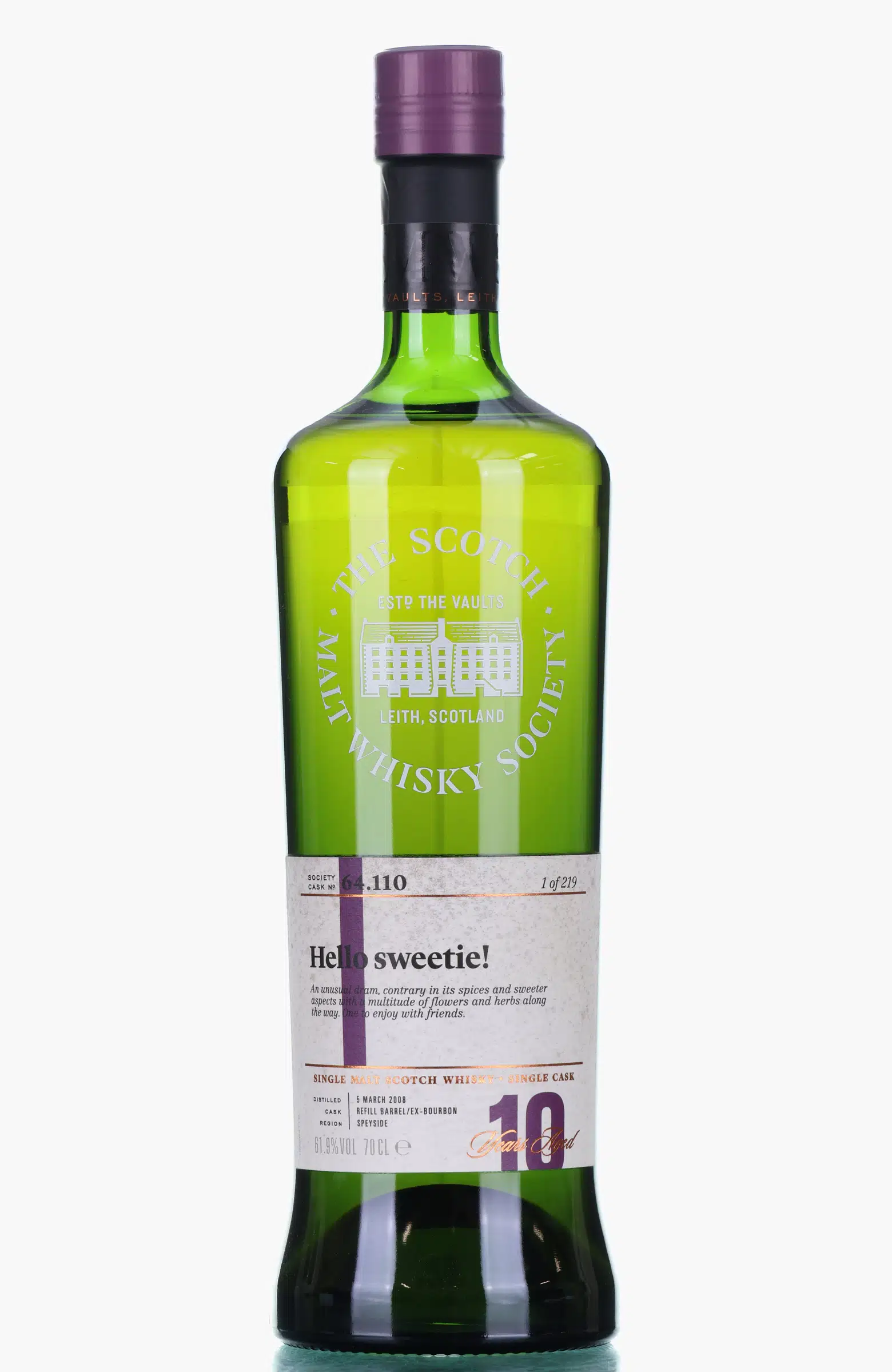 Mannochmore Hello Sweetie! 10 Year Old, Bourbon Cask, Cask #64.110, 2008, The Scotch Malt Whisky Society, 61.9% whisky bottle