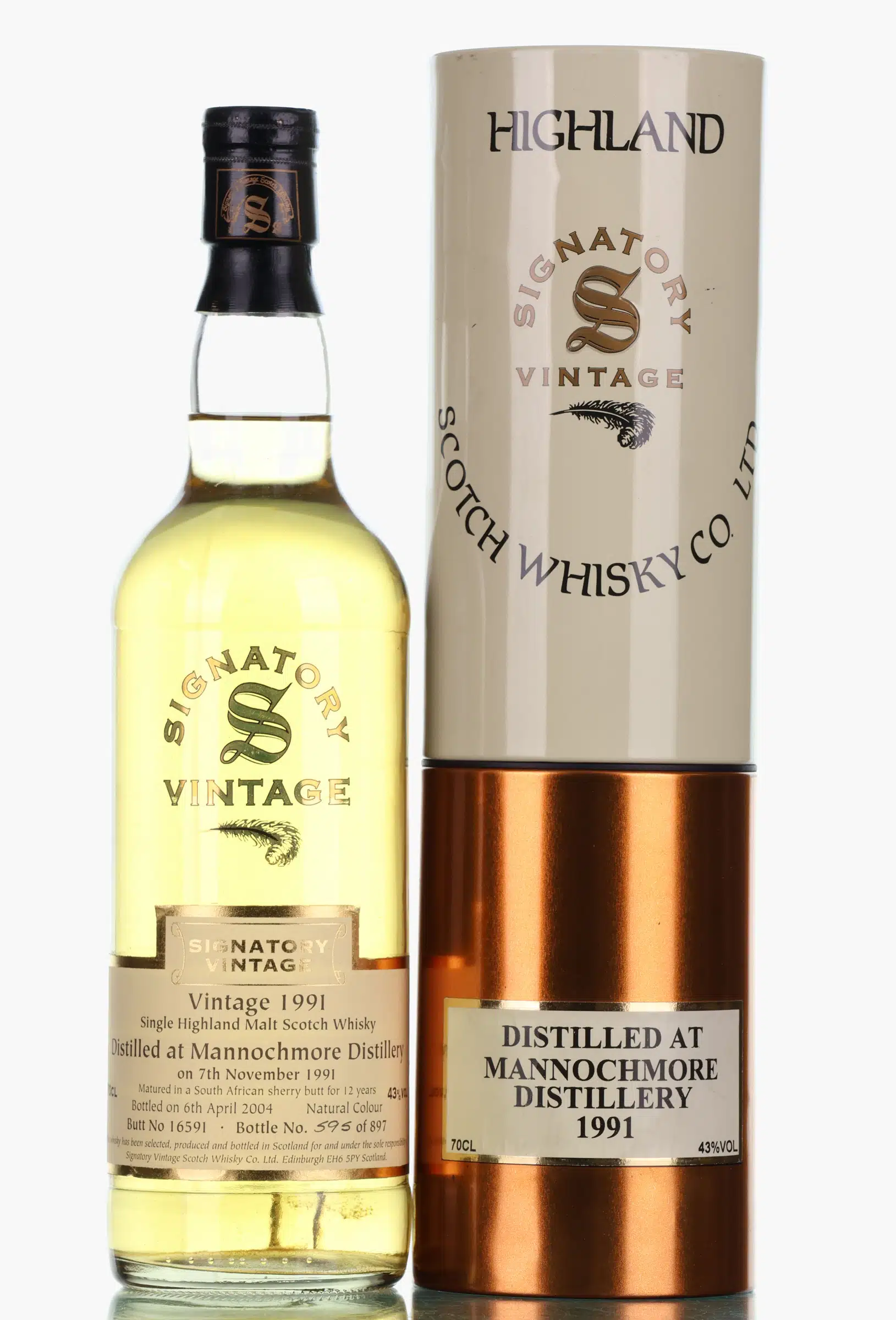 Mannochmore Signatory Vintage 12 Year Old, Sherry Cask, Cask #10591, 1991, Signatory Vintage, 43% whisky bottle