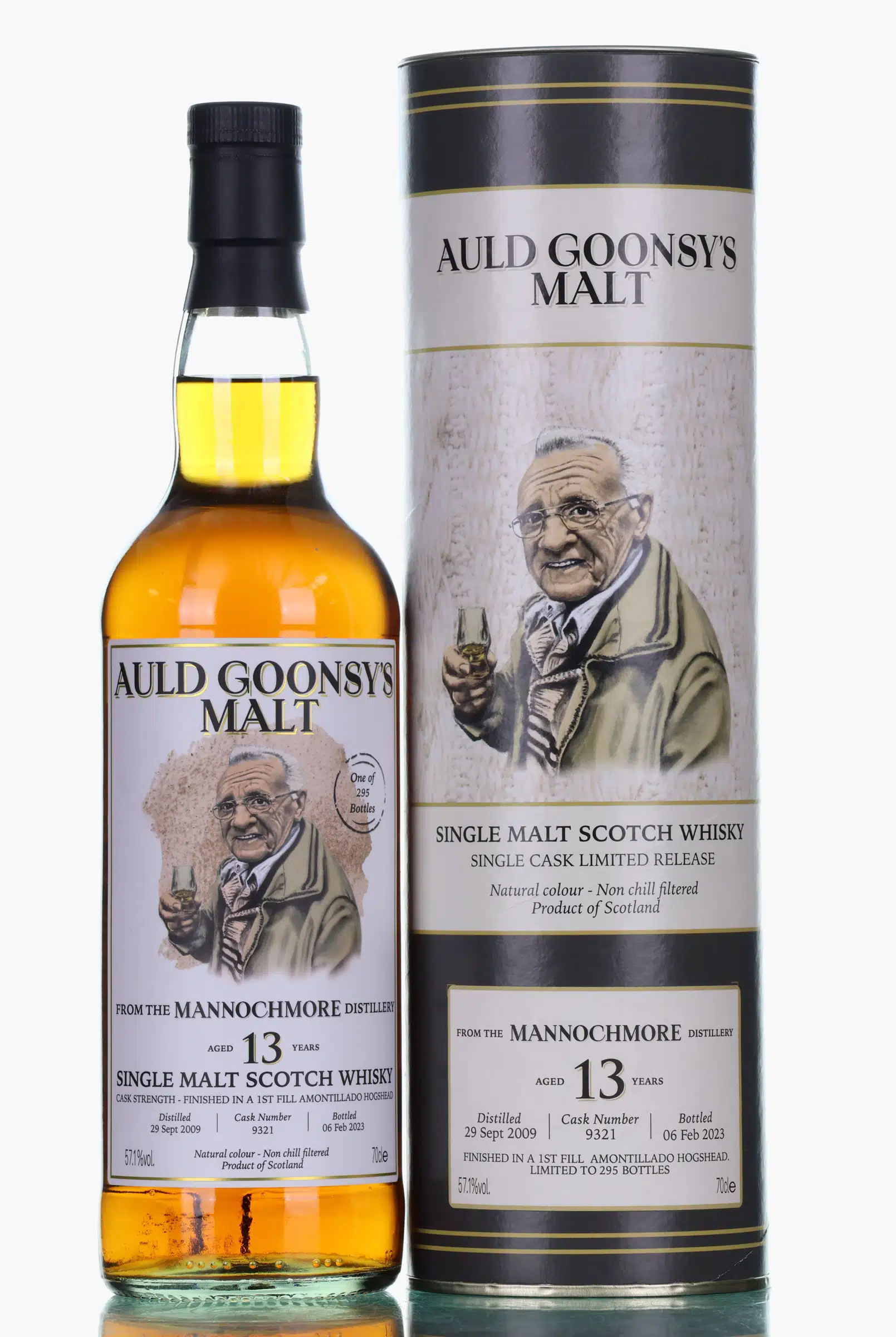 Mannochmore 13 Year Old, Amontillado Sherry Cask, Cask #9321, 2009, Auld Goonsy's Malt, 57.1% whisky bottle