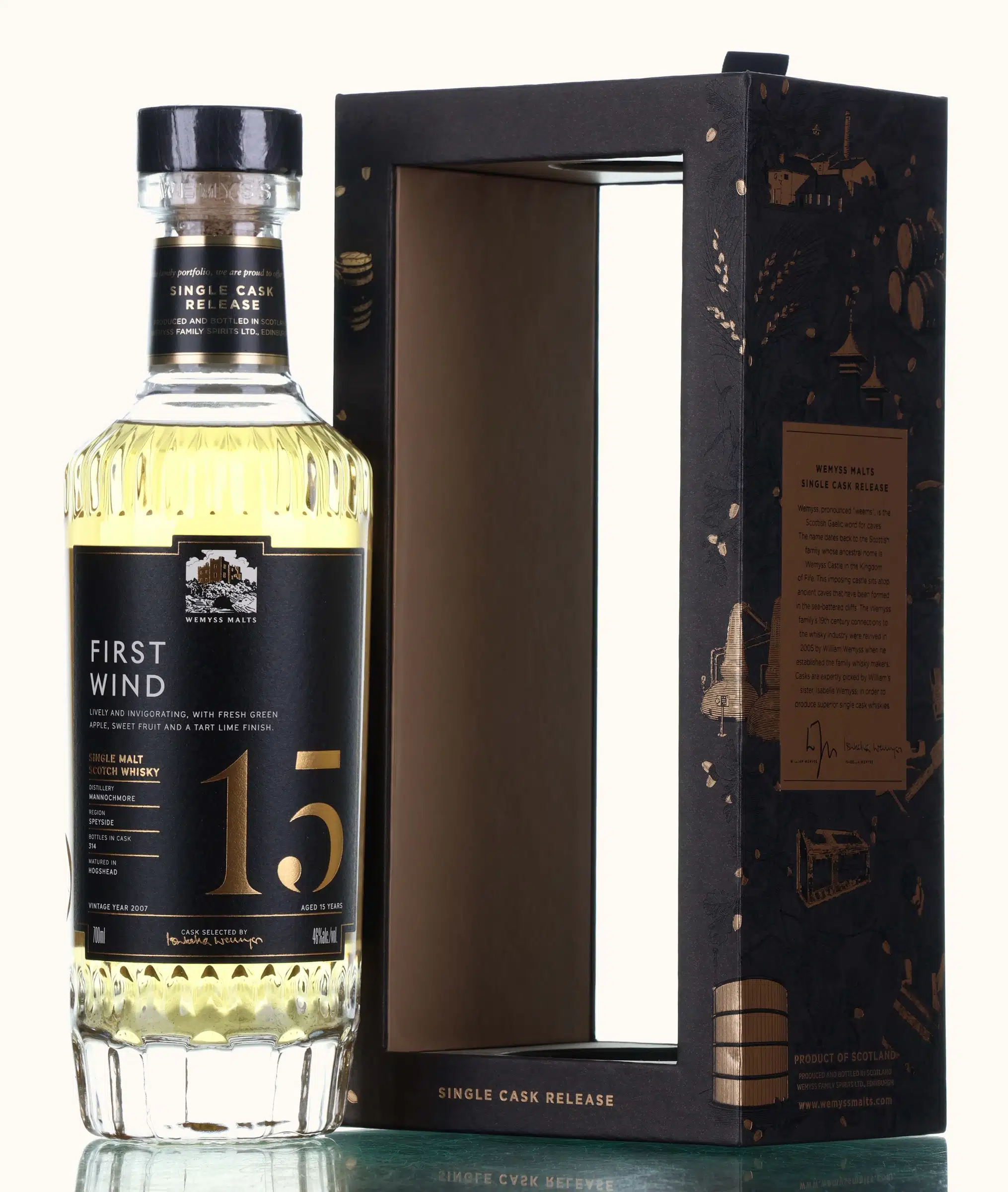 Mannochmore First Wind 15 Year Old, Hogshead Cask, 2007, Wemyss Malts, 46% whisky bottle