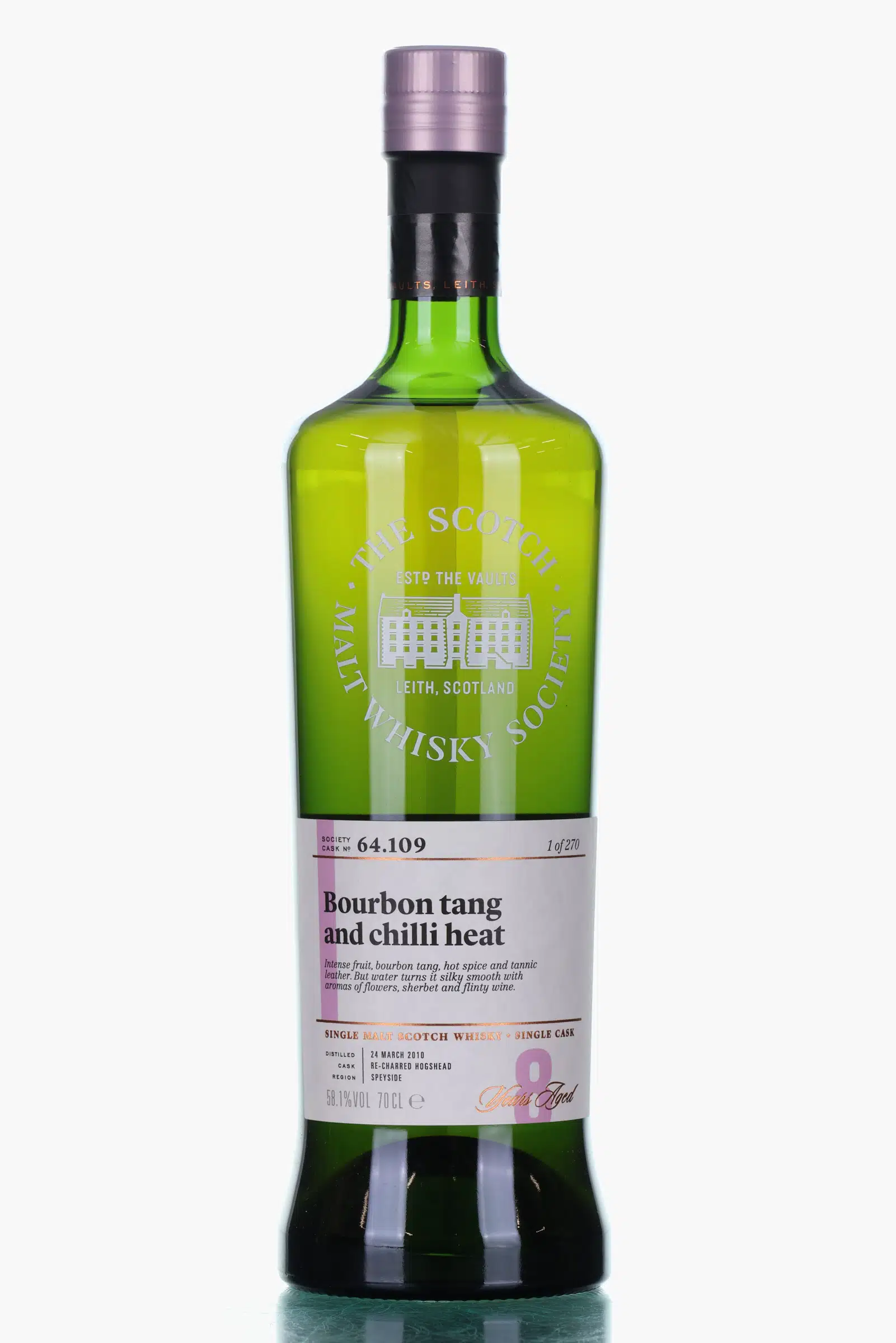 Mannochmore Bourbon tang & chilli heat 8 Year Old, Bourbon Cask, Cask #109, 2010, The Scotch Malt Whisky Society, 58.1% whisky bottle