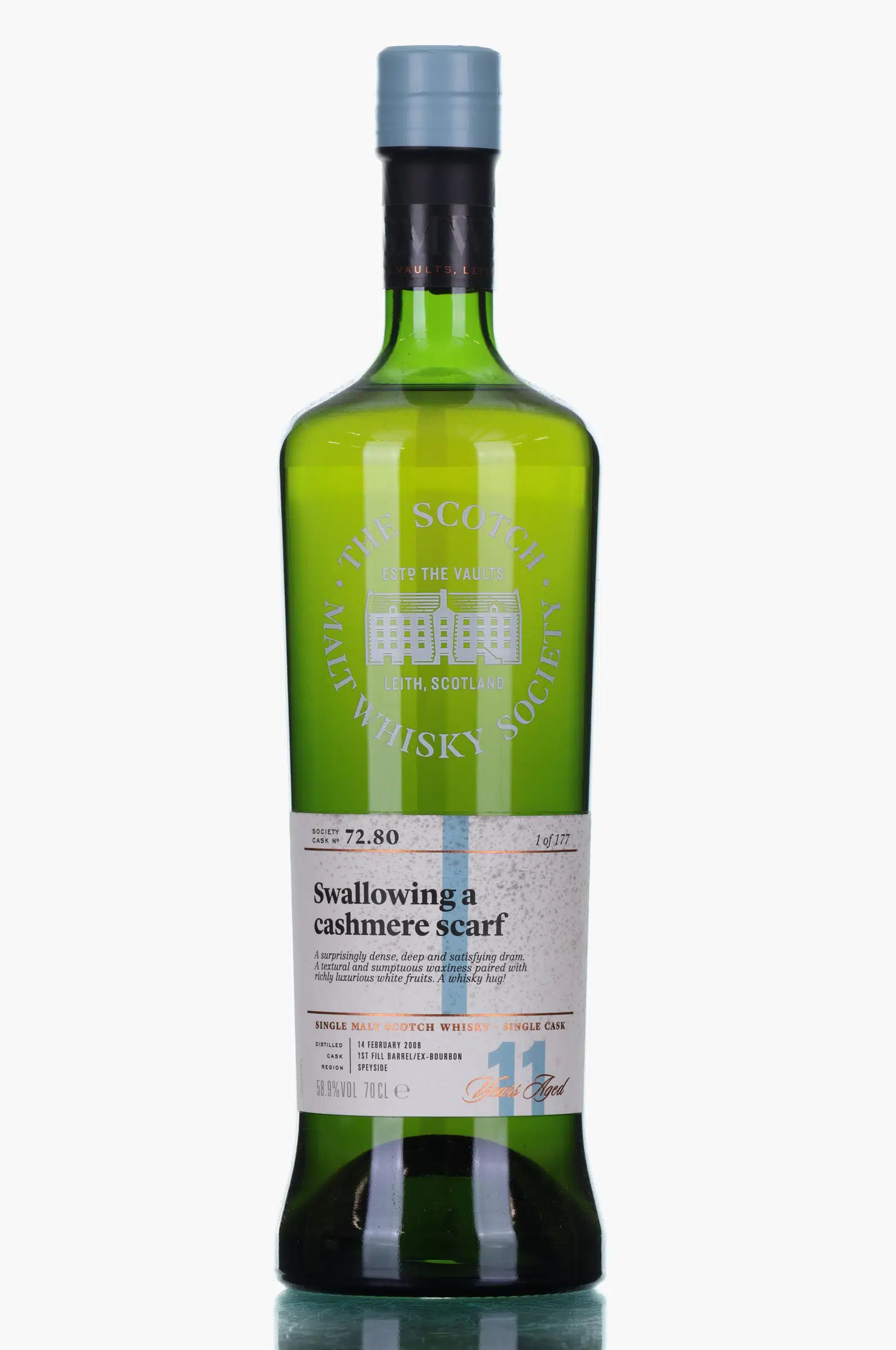Miltonduff Swallowing a Cashmere Scarf 11 Year Old, Bourbon Cask, Cask #72.80, 2008, The Scotch Malt Whisky Society, 58.9% whisky bottle